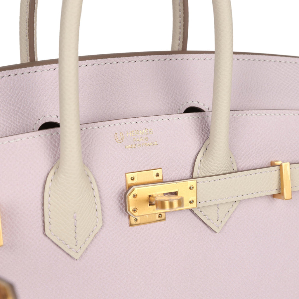 Birkin Sellier 25 Mauve Pale and Craie Epsom Brushed Gold Hardware Bag