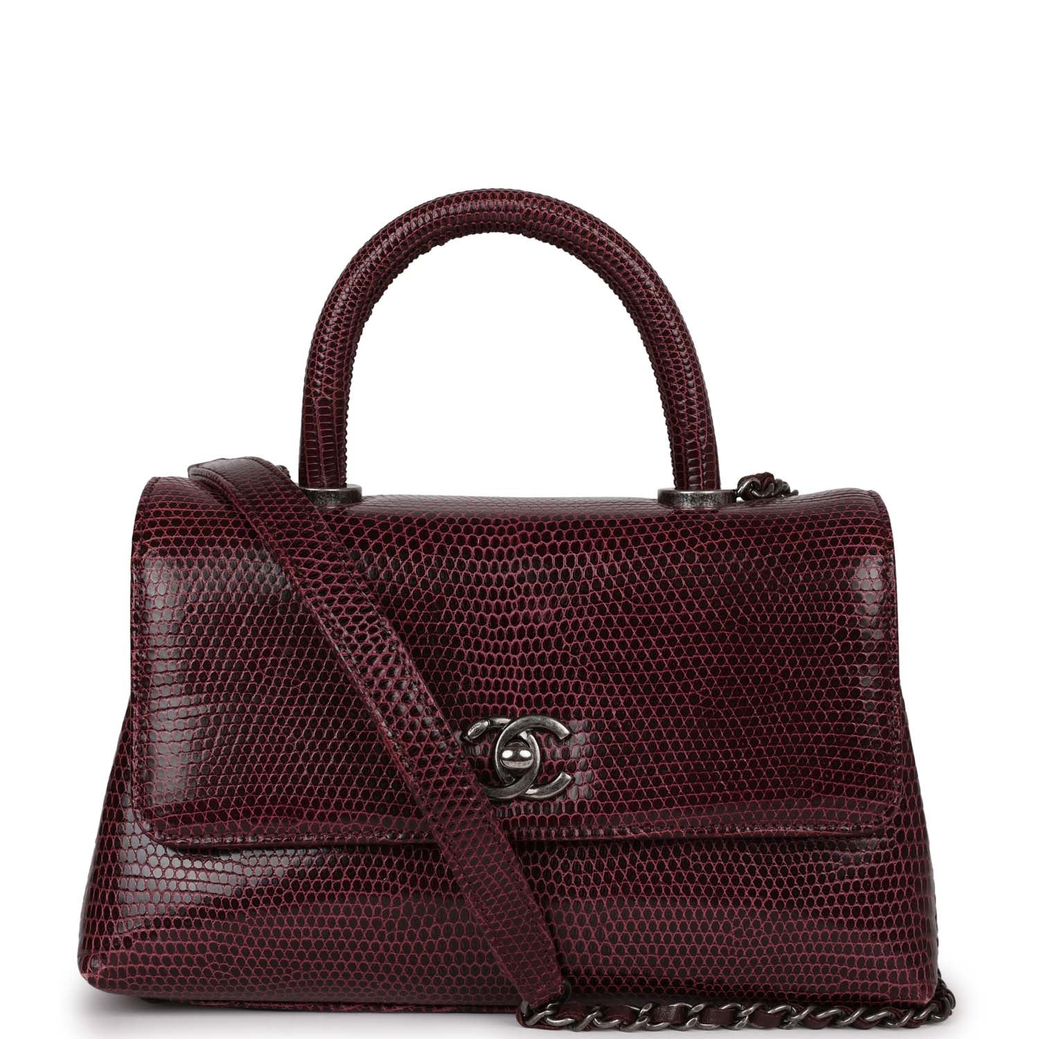 pre-owned-chanel-mini-coco-handle-burgundy-lizard-ruthenium-metal