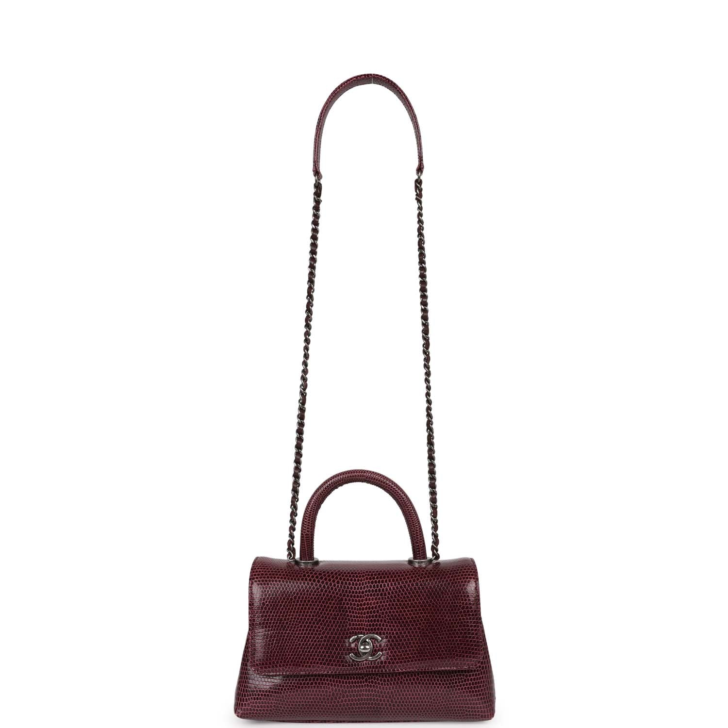 pre-owned-chanel-mini-coco-handle-burgundy-lizard-ruthenium-metal