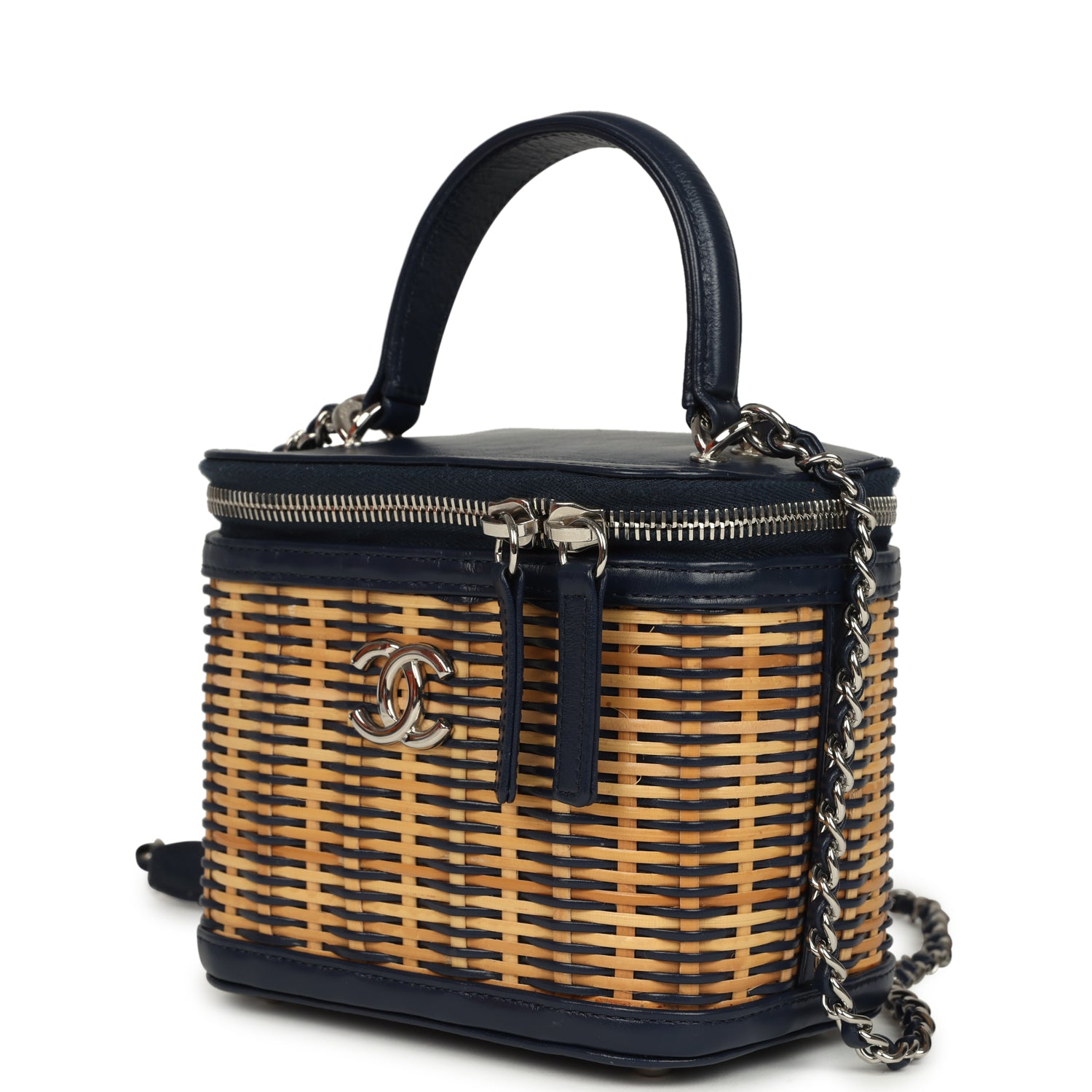 pre-owned-chanel-small-top-handle-vanity-case-beige-raffia-and-navy-calfskin-silver-metal