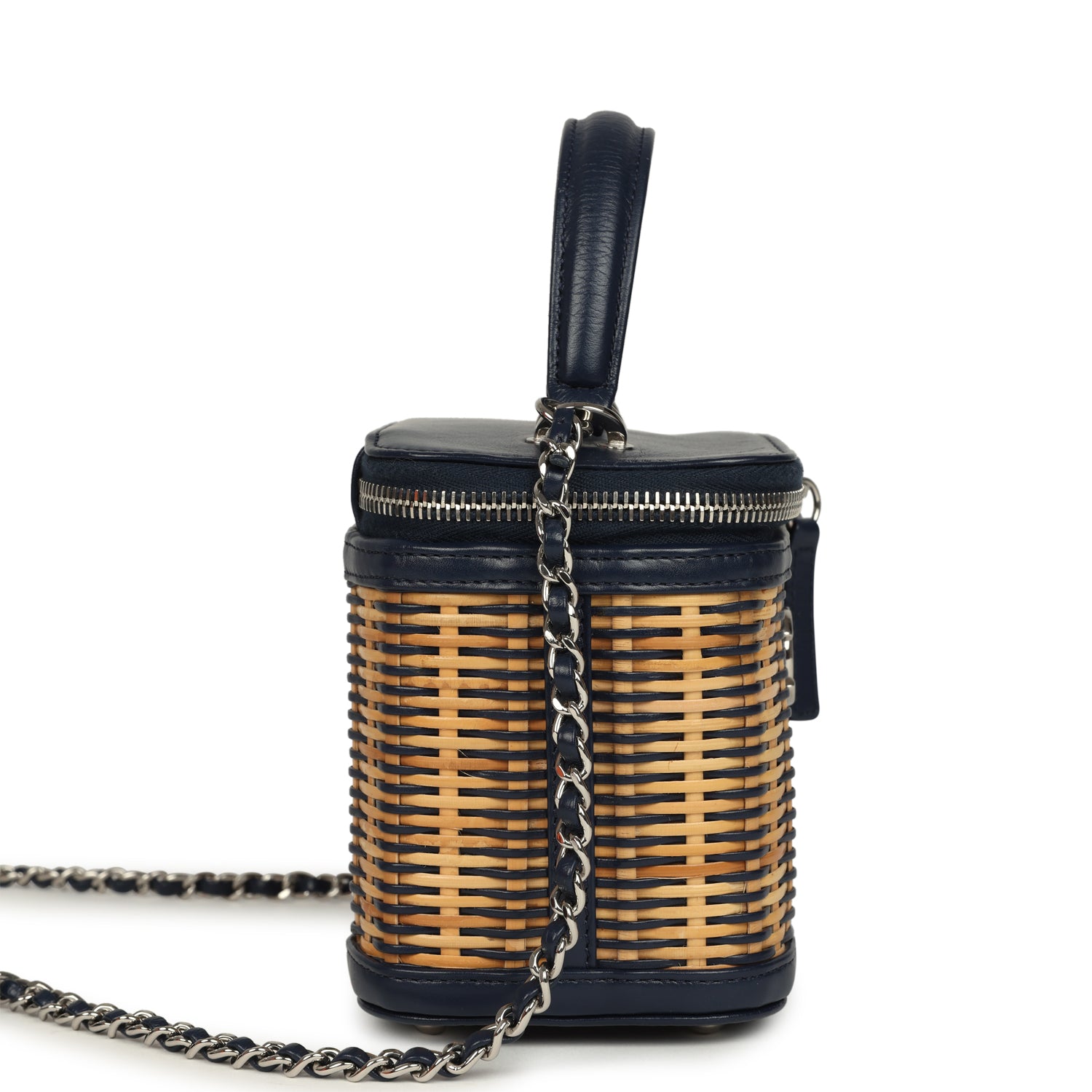 pre-owned-chanel-small-top-handle-vanity-case-beige-raffia-and-navy-calfskin-silver-metal