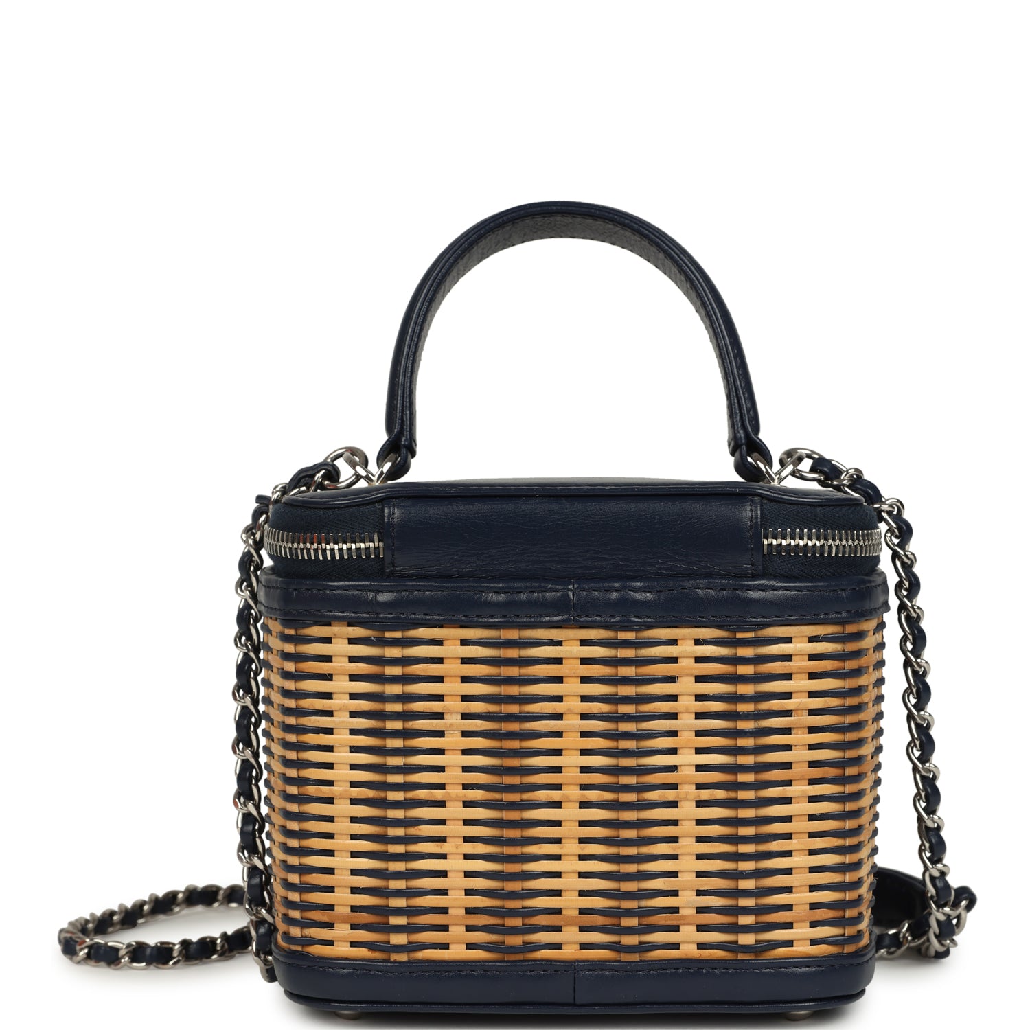 pre-owned-chanel-small-top-handle-vanity-case-beige-raffia-and-navy-calfskin-silver-metal