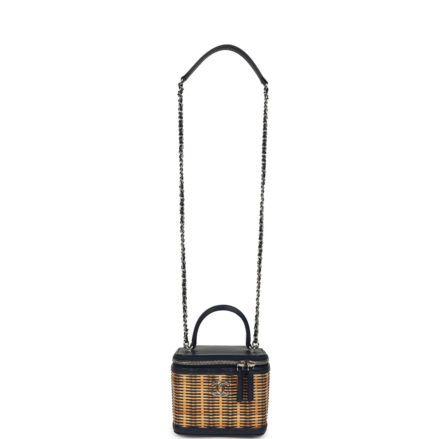 pre-owned-chanel-small-top-handle-vanity-case-beige-raffia-and-navy-calfskin-silver-metal