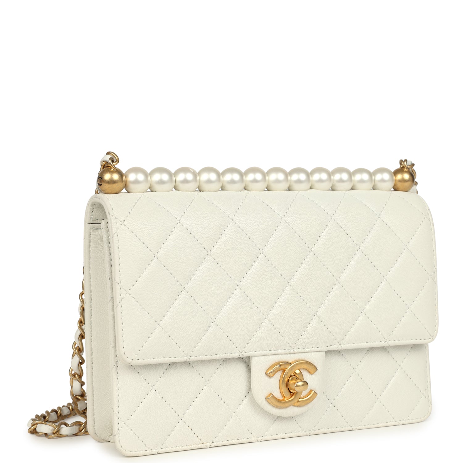 preowned-chanel-small-chic-pearls-flap-bag-white-calfskin-antique-gold-metal