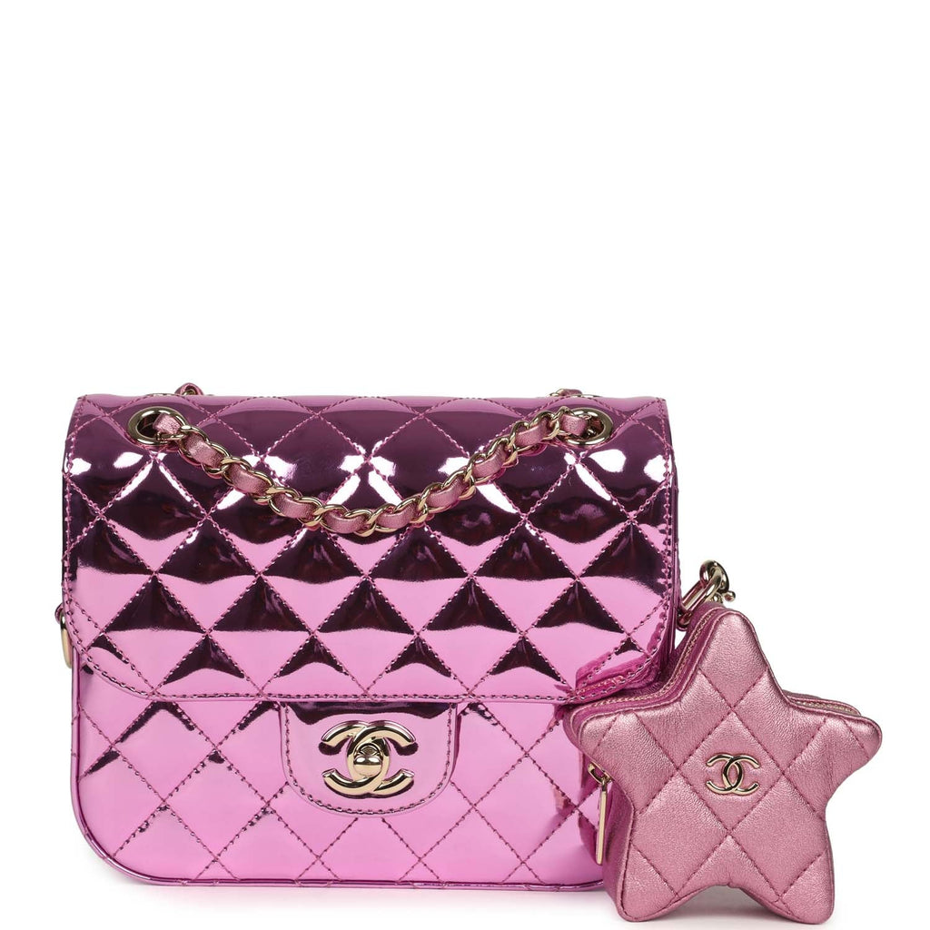 pre-owned-chanel-mini-flap-bag-and-star-coin-purse-pink-mirror-calfskin-and-metallic-calfskin-light-gold-metal