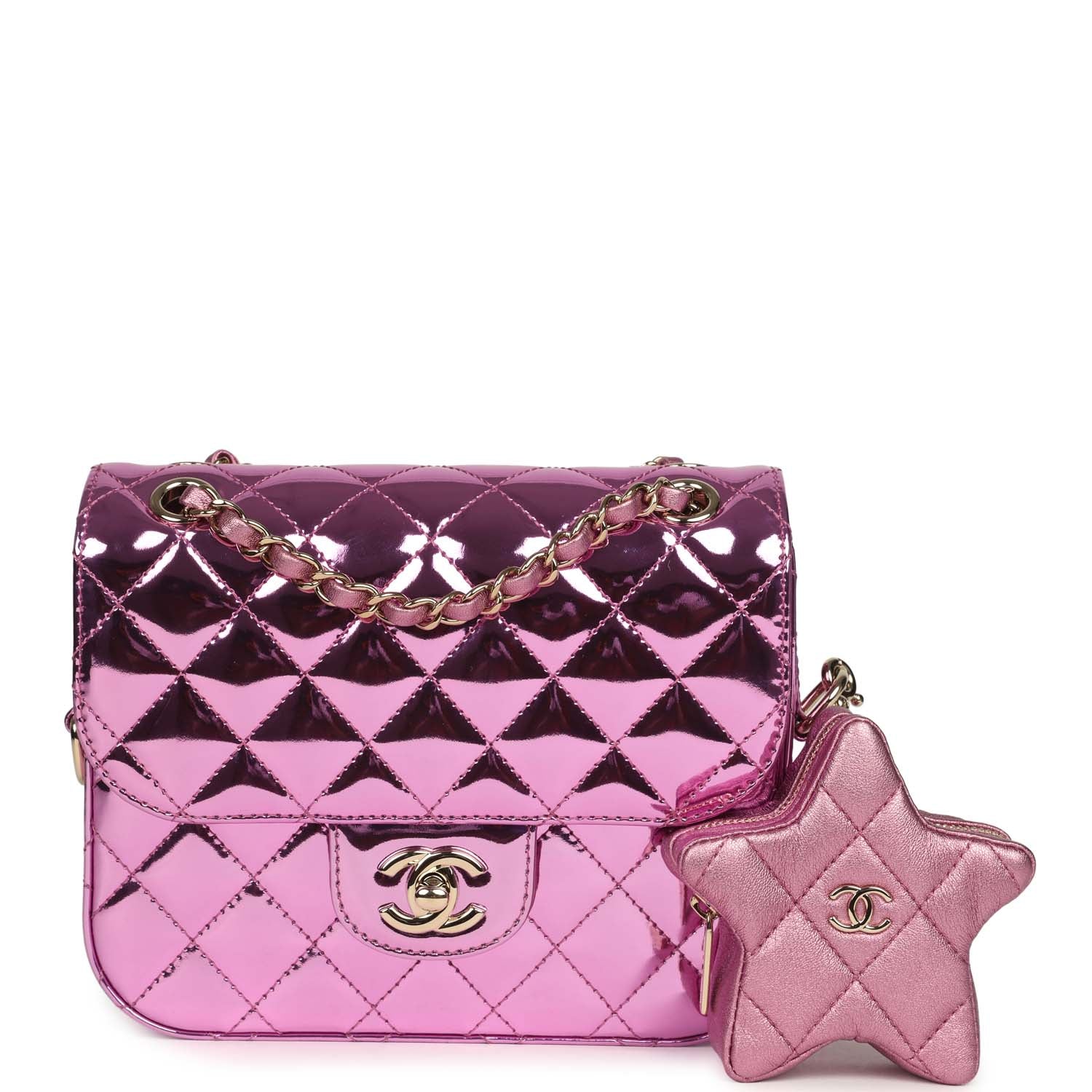 pre-owned-chanel-mini-flap-bag-and-star-coin-purse-pink-mirror-calfskin-and-metallic-calfskin-light-gold-metal
