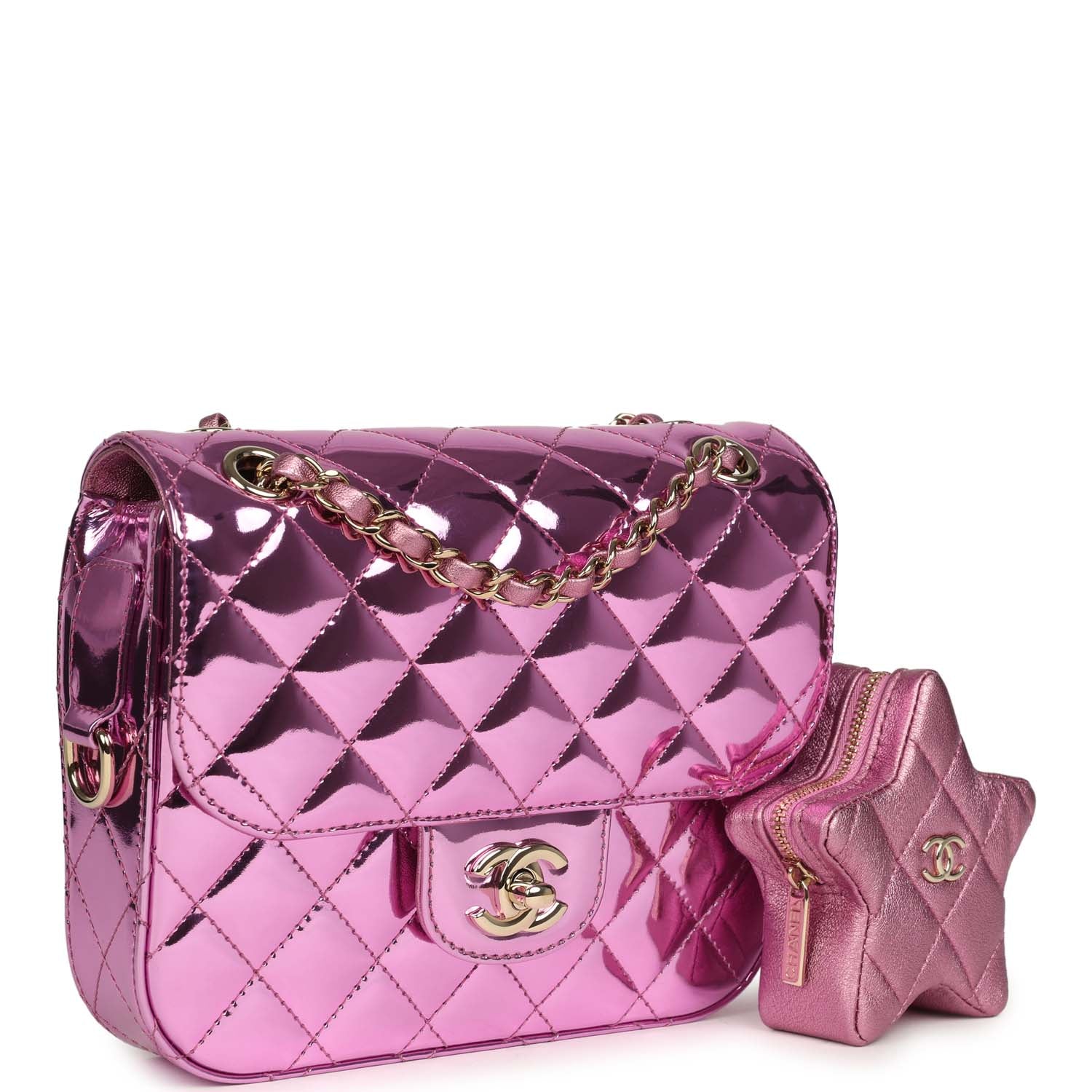 pre-owned-chanel-mini-flap-bag-and-star-coin-purse-pink-mirror-calfskin-and-metallic-calfskin-light-gold-metal