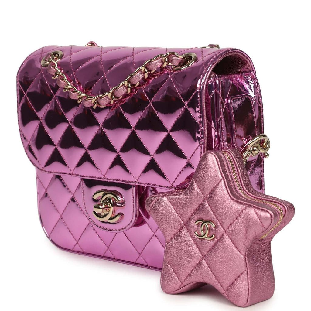 pre-owned-chanel-mini-flap-bag-and-star-coin-purse-pink-mirror-calfskin-and-metallic-calfskin-light-gold-metal