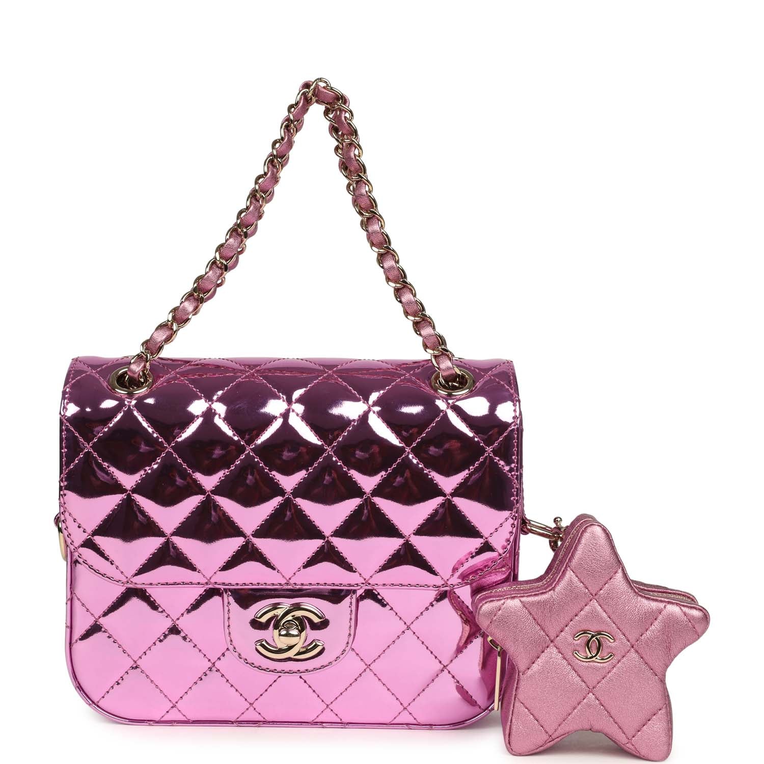 pre-owned-chanel-mini-flap-bag-and-star-coin-purse-pink-mirror-calfskin-and-metallic-calfskin-light-gold-metal