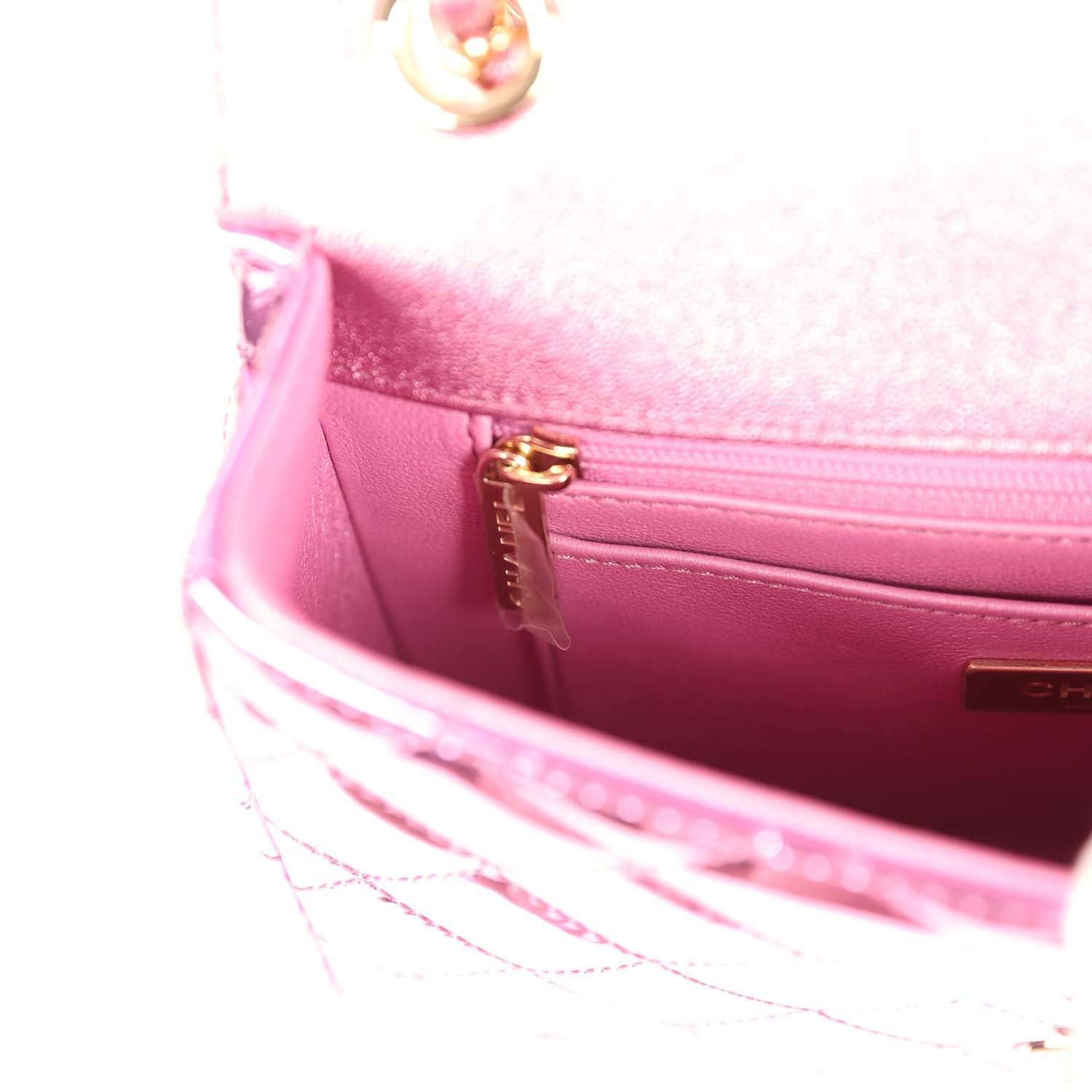 pre-owned-chanel-mini-flap-bag-and-star-coin-purse-pink-mirror-calfskin-and-metallic-calfskin-light-gold-metal