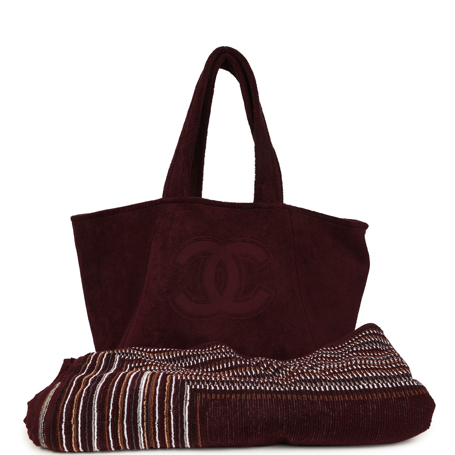 chanel-coco-beach-cc-beach-tote-bag-towel-set-burgundy-terry-silver-metal