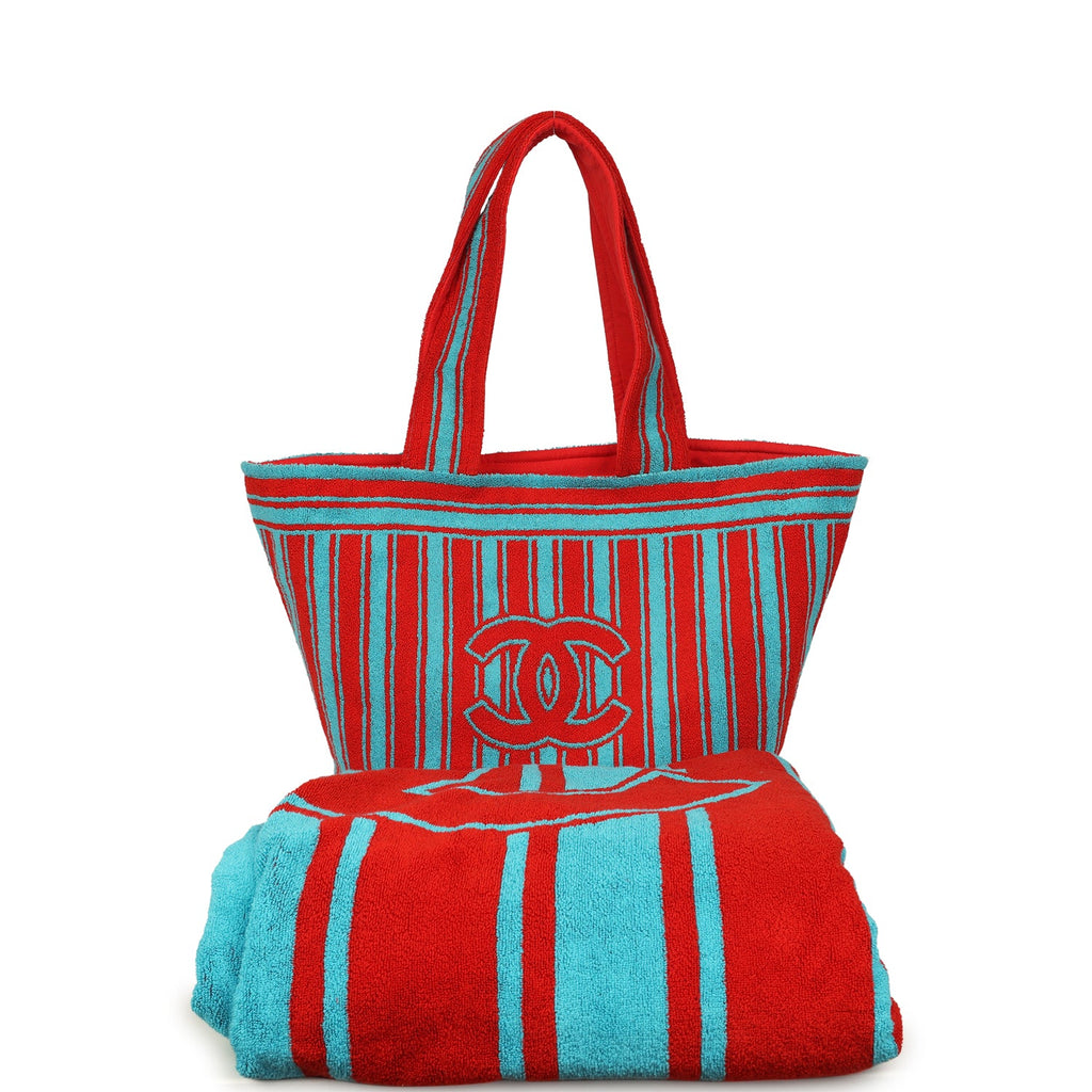 chanel-coco-beach-cc-striped-beach-tote-bag-towel-set-red-and-turquoise-terry-silver-metal