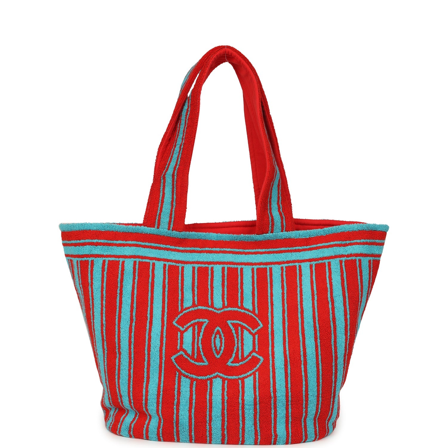 chanel-coco-beach-cc-striped-beach-tote-bag-towel-set-red-and-turquoise-terry-silver-metal