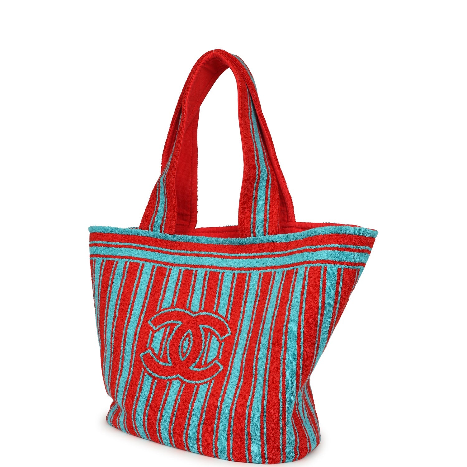 chanel-coco-beach-cc-striped-beach-tote-bag-towel-set-red-and-turquoise-terry-silver-metal