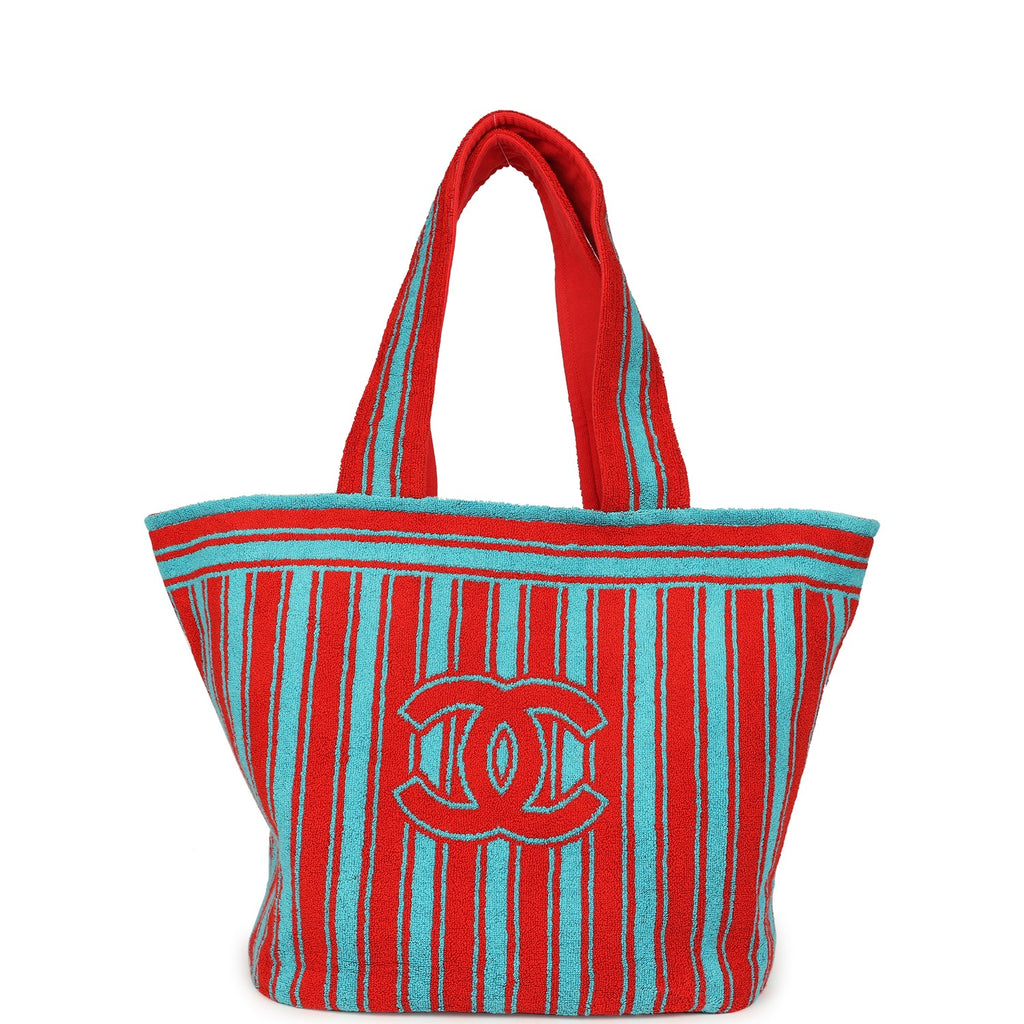 chanel-coco-beach-cc-striped-beach-tote-bag-towel-set-red-and-turquoise-terry-silver-metal