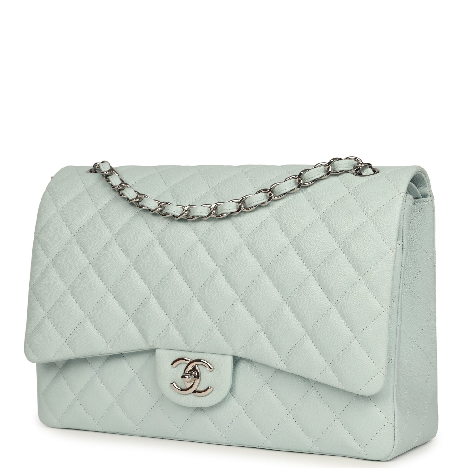 chanel-maxi-classic-double-flap-bag-light-blue-shiny-caviar-silver-metal