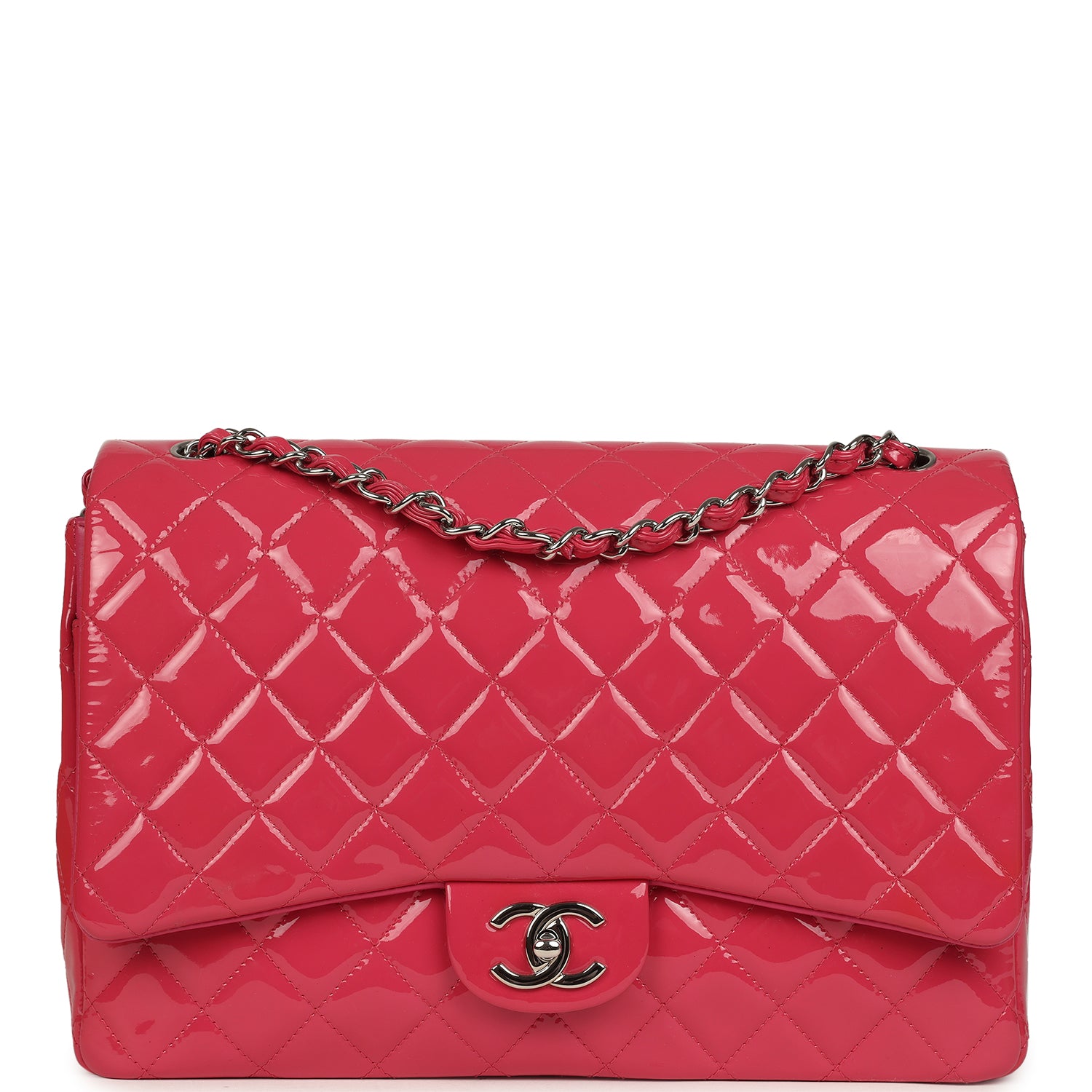 pre-owned-chanel-maxi-classic-double-flap-bag-dark-pink-patent-silver-metal