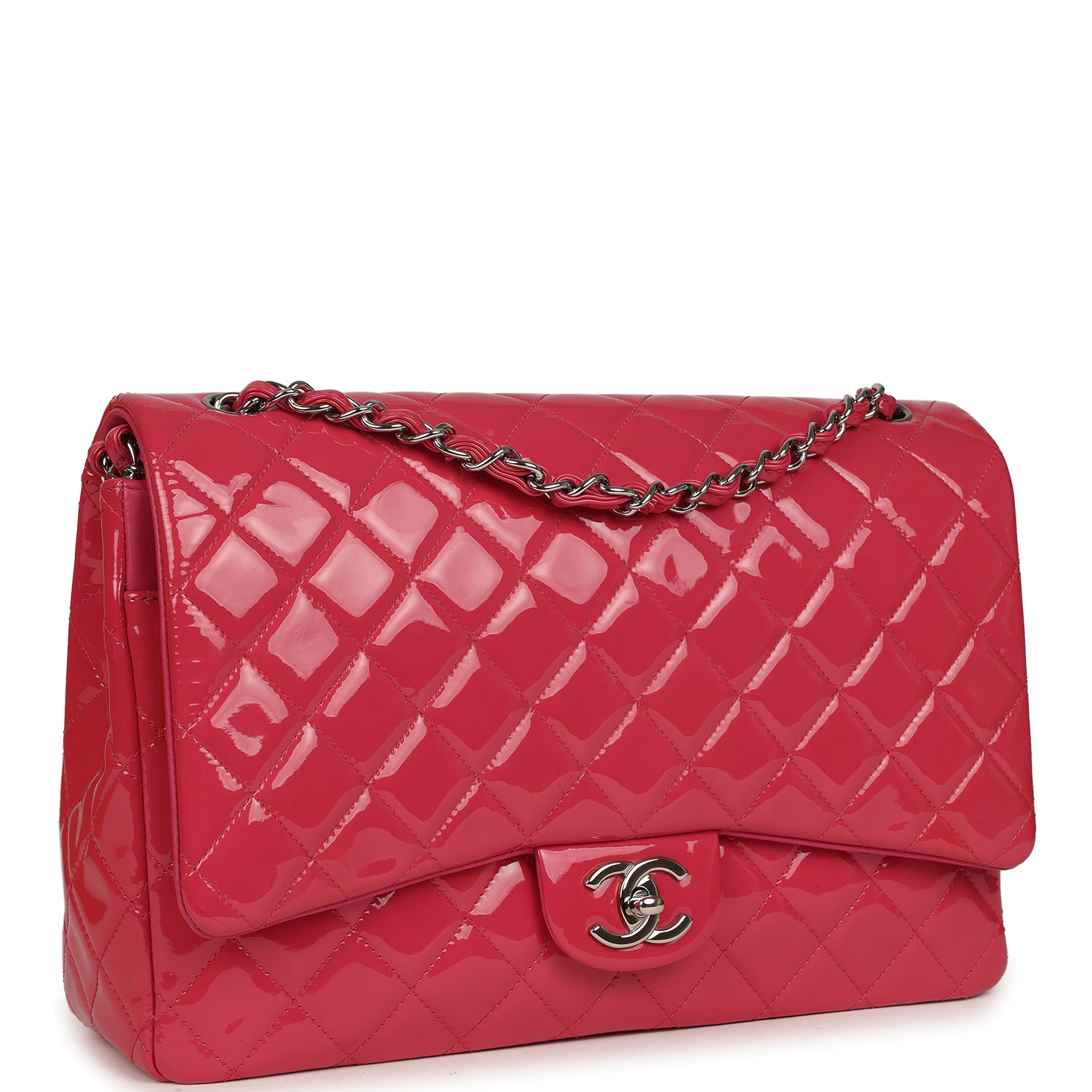 pre-owned-chanel-maxi-classic-double-flap-bag-dark-pink-patent-silver-metal