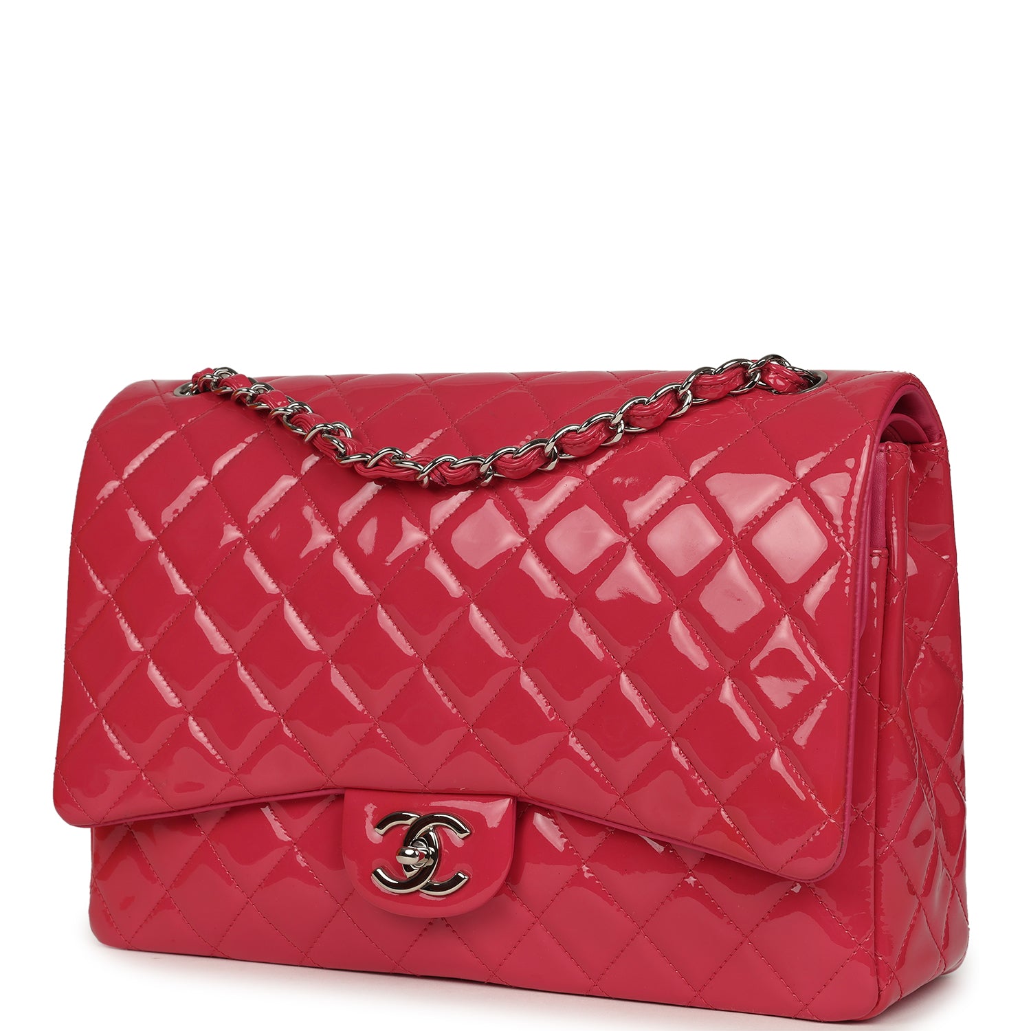 pre-owned-chanel-maxi-classic-double-flap-bag-dark-pink-patent-silver-metal