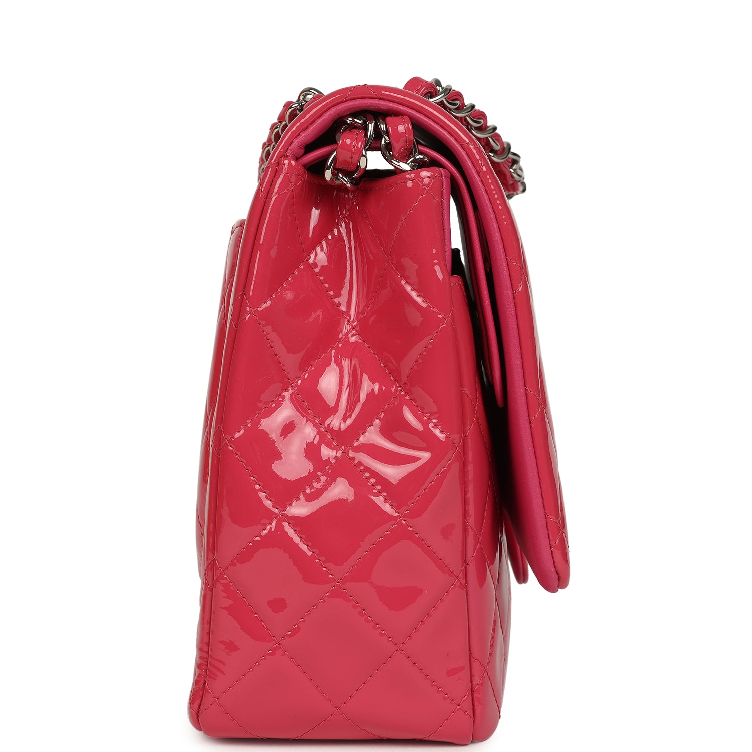 pre-owned-chanel-maxi-classic-double-flap-bag-dark-pink-patent-silver-metal