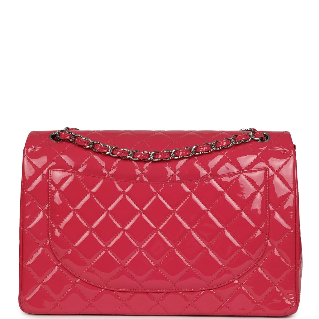 pre-owned-chanel-maxi-classic-double-flap-bag-dark-pink-patent-silver-metal