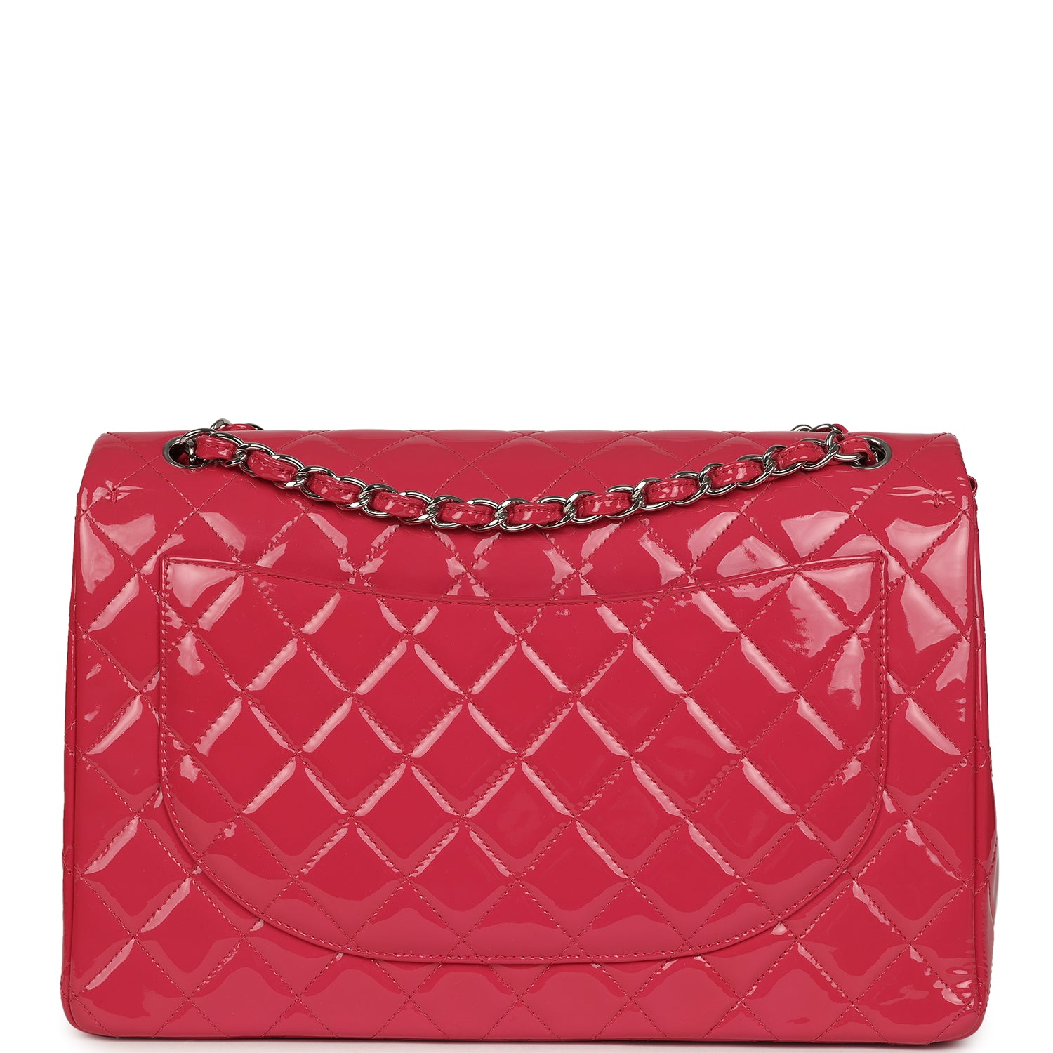 pre-owned-chanel-maxi-classic-double-flap-bag-dark-pink-patent-silver-metal