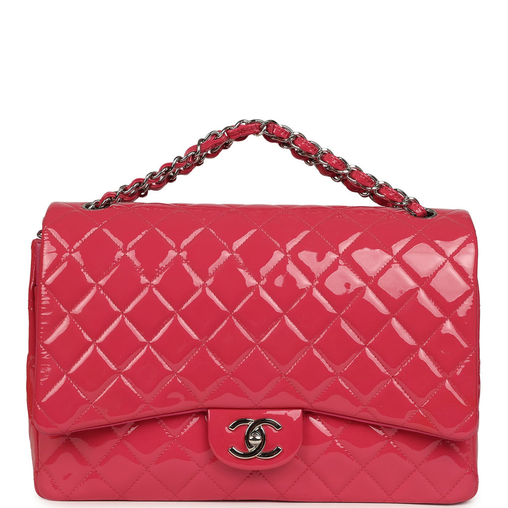 pre-owned-chanel-maxi-classic-double-flap-bag-dark-pink-patent-silver-metal