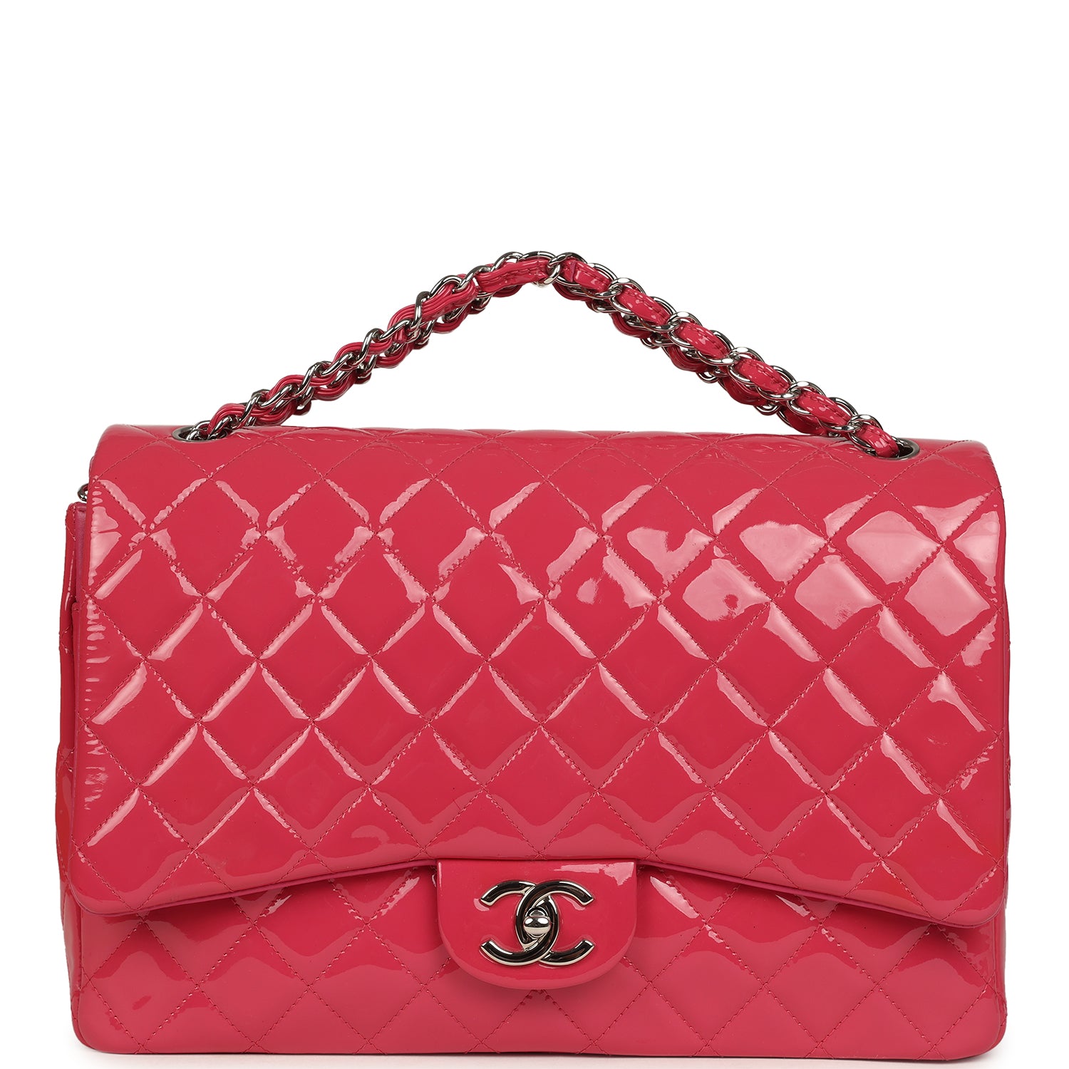 pre-owned-chanel-maxi-classic-double-flap-bag-dark-pink-patent-silver-metal