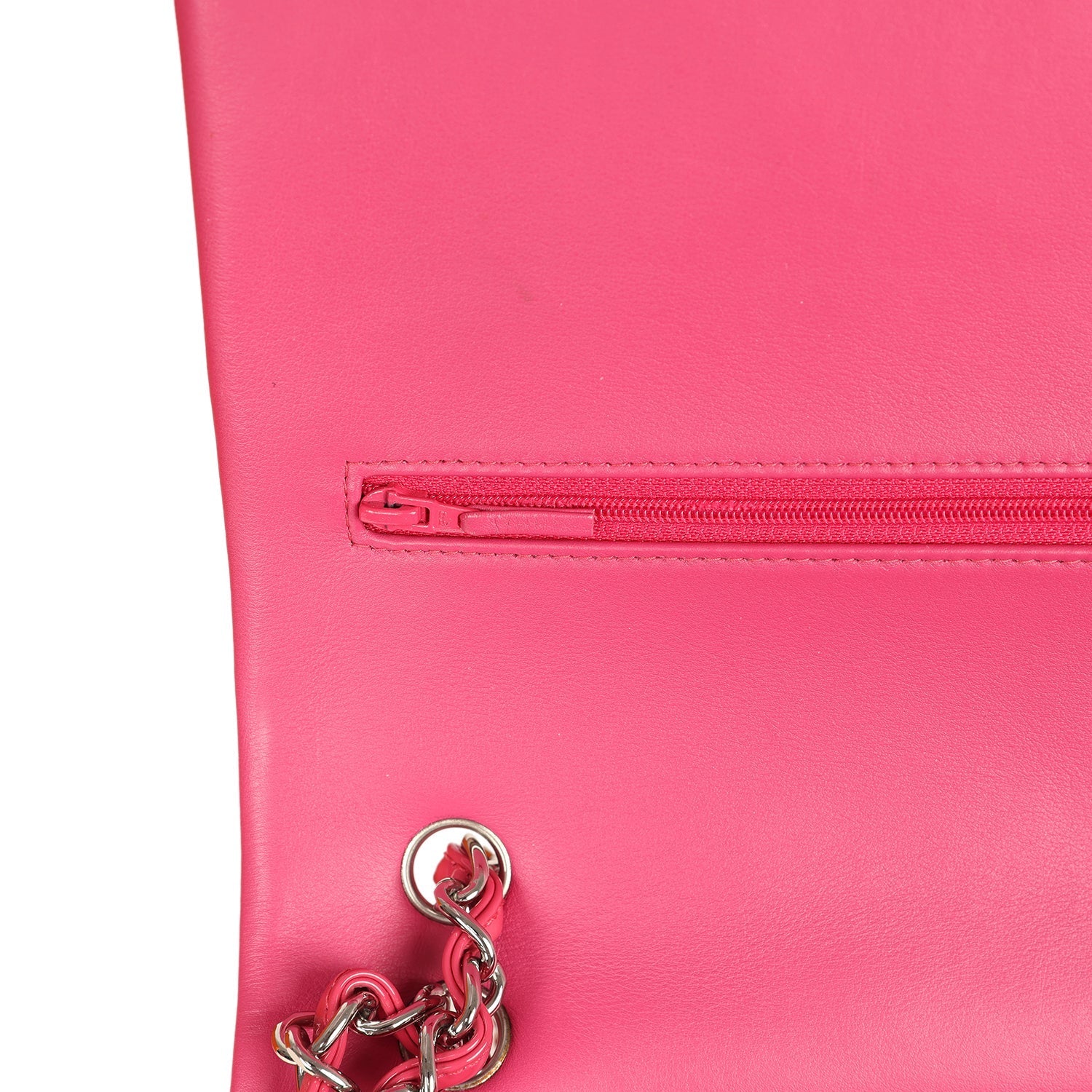 pre-owned-chanel-maxi-classic-double-flap-bag-dark-pink-patent-silver-metal