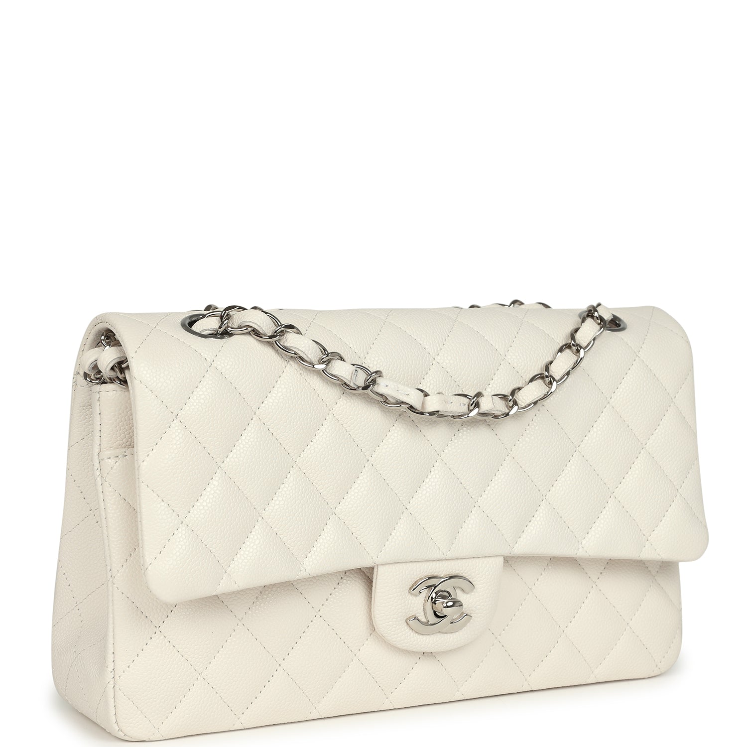pre-owned-chanel-medium-classic-double-flap-white-shiny-caviar-silver-metal