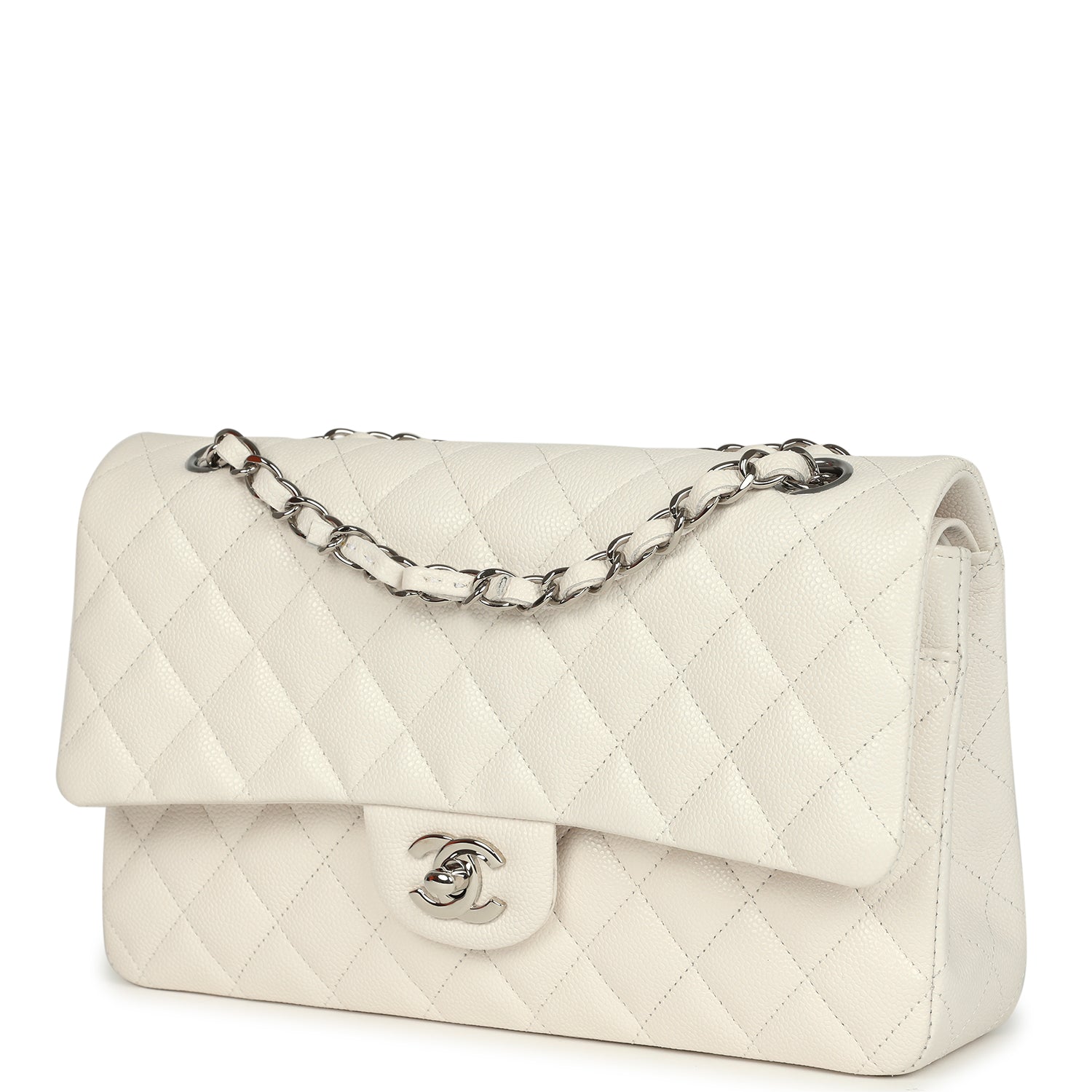 pre-owned-chanel-medium-classic-double-flap-white-shiny-caviar-silver-metal