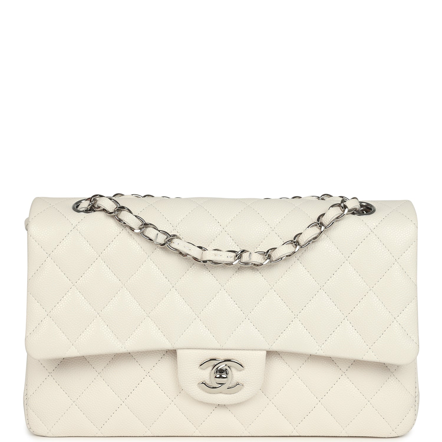 pre-owned-chanel-medium-classic-double-flap-white-shiny-caviar-silver-metal