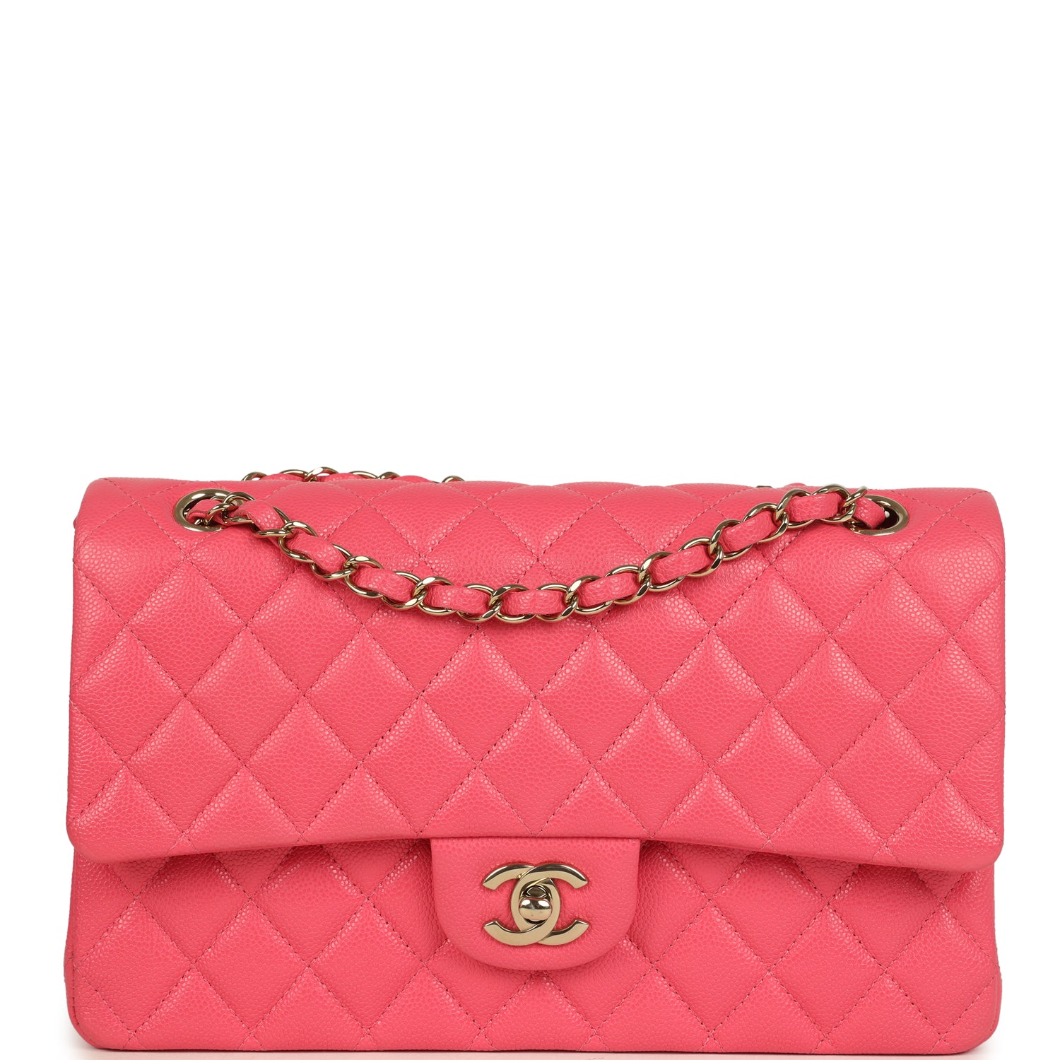 pre-owned-chanel-medium-classic-double-flap-bag-dark-pink-shiny-caviar-gold-metal
