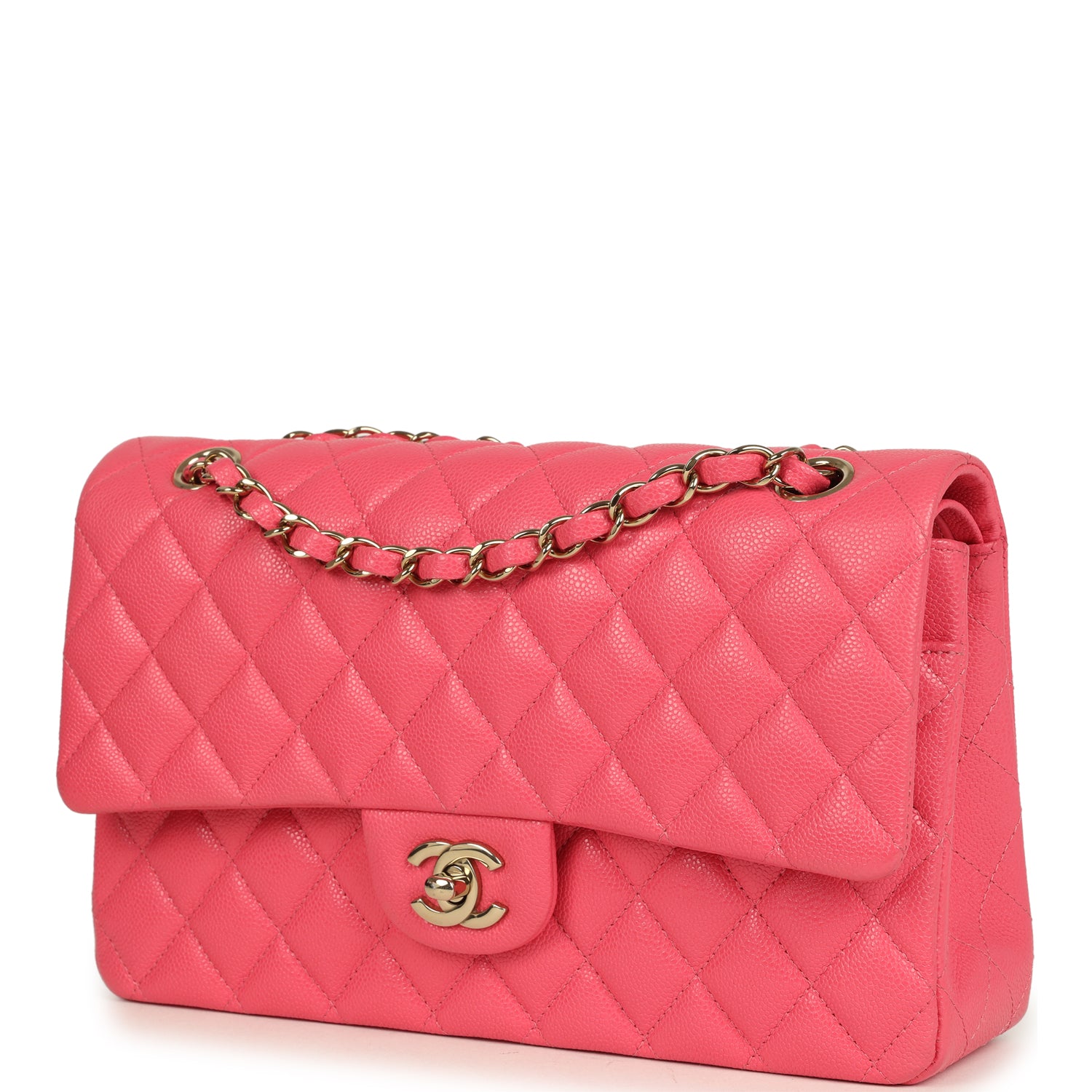 pre-owned-chanel-medium-classic-double-flap-bag-dark-pink-shiny-caviar-gold-metal