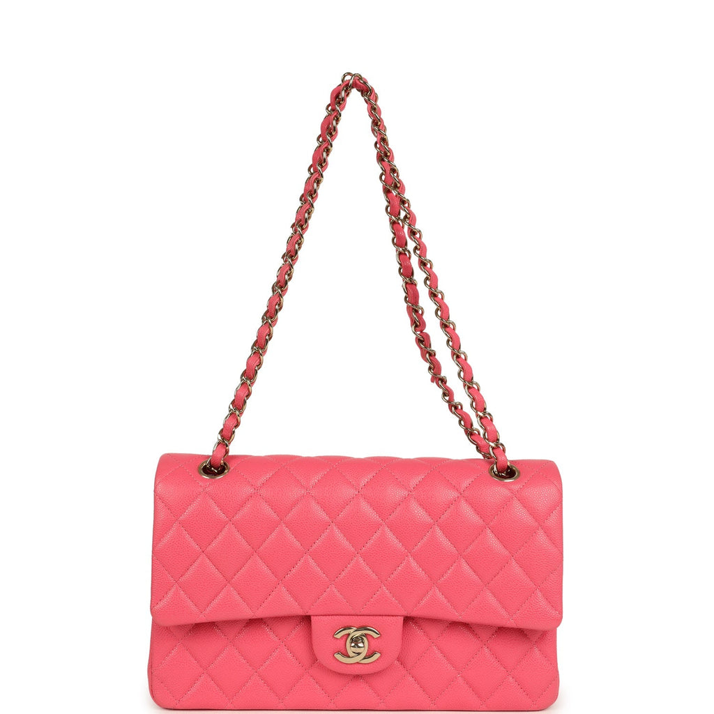 pre-owned-chanel-medium-classic-double-flap-bag-dark-pink-shiny-caviar-gold-metal