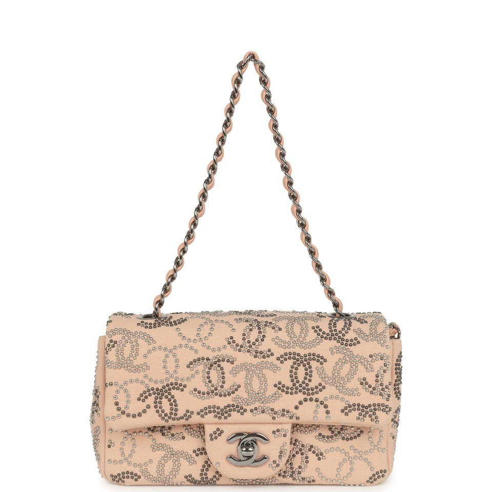 pre-owned-chanel-mini-cc-studded-rectangular-flap-bag-light-pink-canvas-ruthenium-metal