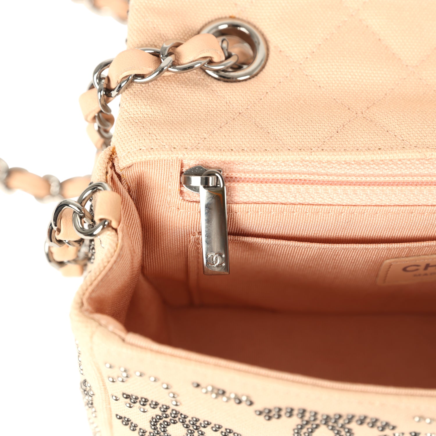 pre-owned-chanel-mini-cc-studded-rectangular-flap-bag-light-pink-canvas-ruthenium-metal