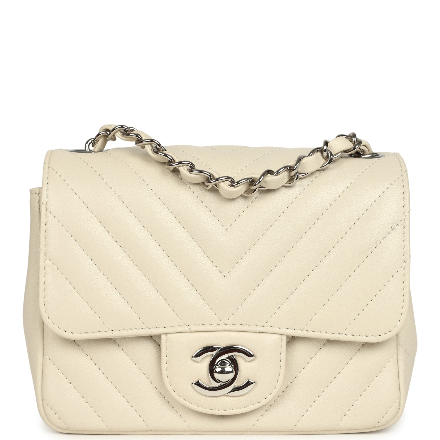 pre-owned-chanel-mini-chevron-square-flap-bag-ivory-lambskin-silver-metal