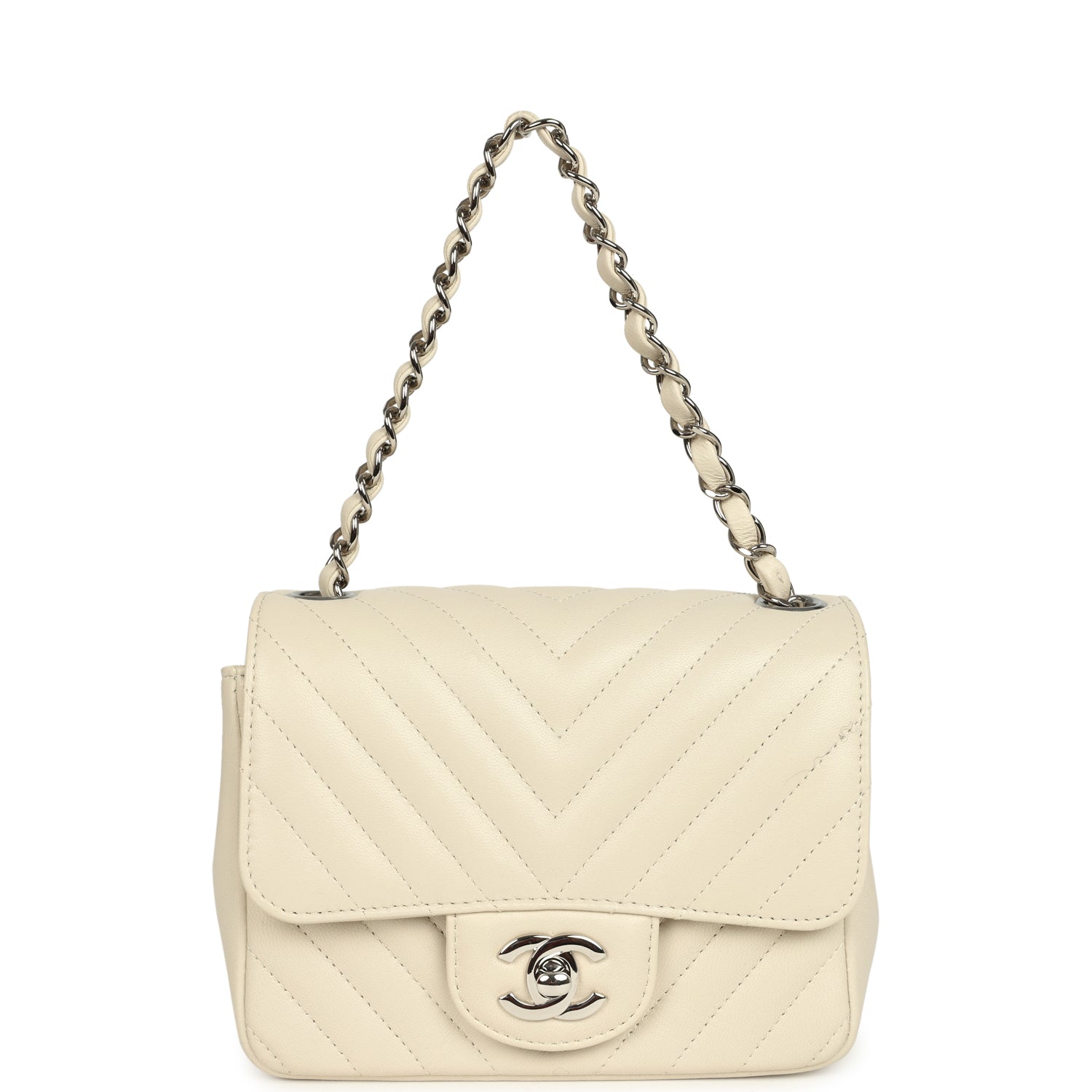 pre-owned-chanel-mini-chevron-square-flap-bag-ivory-lambskin-silver-metal