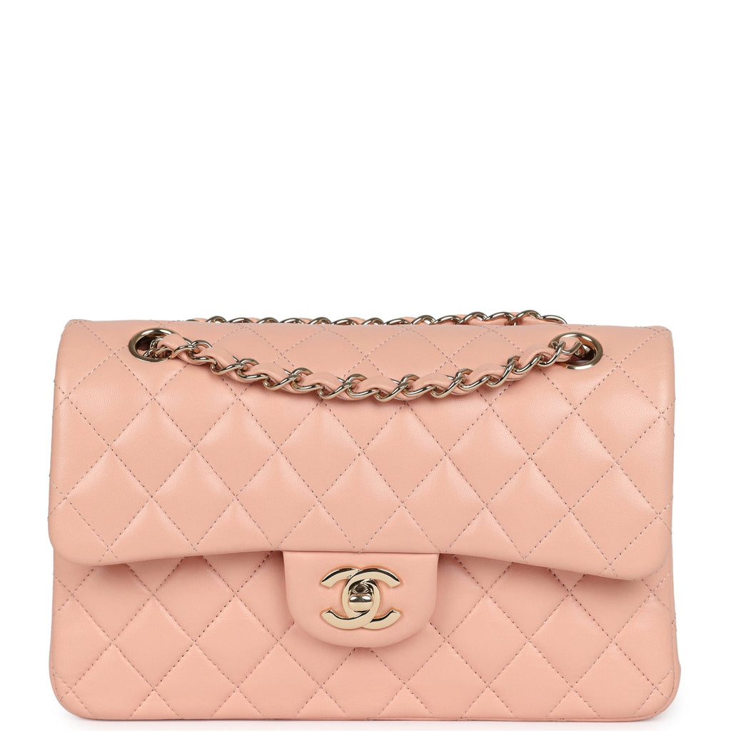 pre-owned-chanel-small-classic-double-flap-light-pink-lambskin-gold-metal