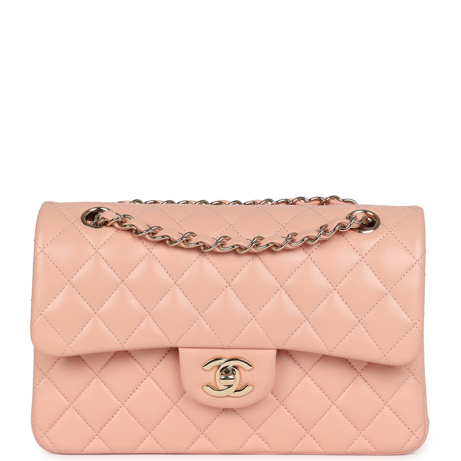 pre-owned-chanel-small-classic-double-flap-light-pink-lambskin-gold-metal