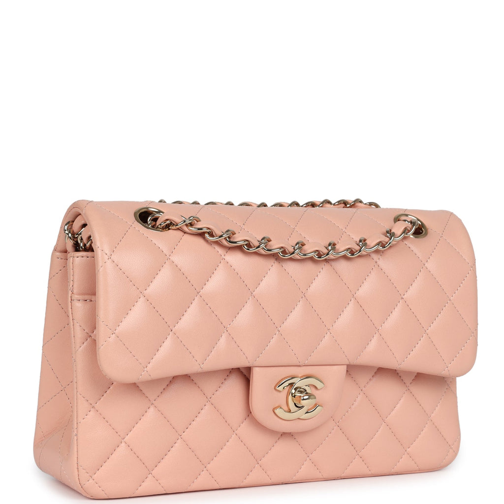 pre-owned-chanel-small-classic-double-flap-light-pink-lambskin-gold-metal