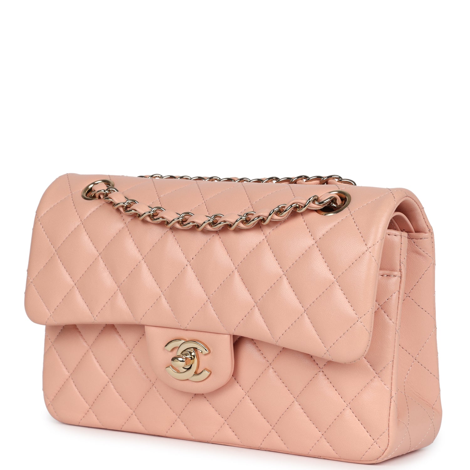 pre-owned-chanel-small-classic-double-flap-light-pink-lambskin-gold-metal