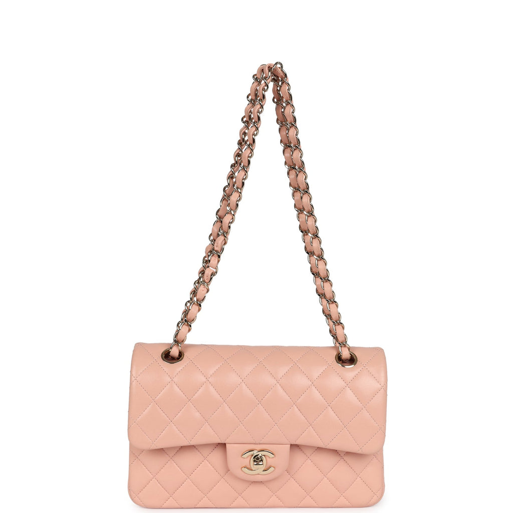 pre-owned-chanel-small-classic-double-flap-light-pink-lambskin-gold-metal
