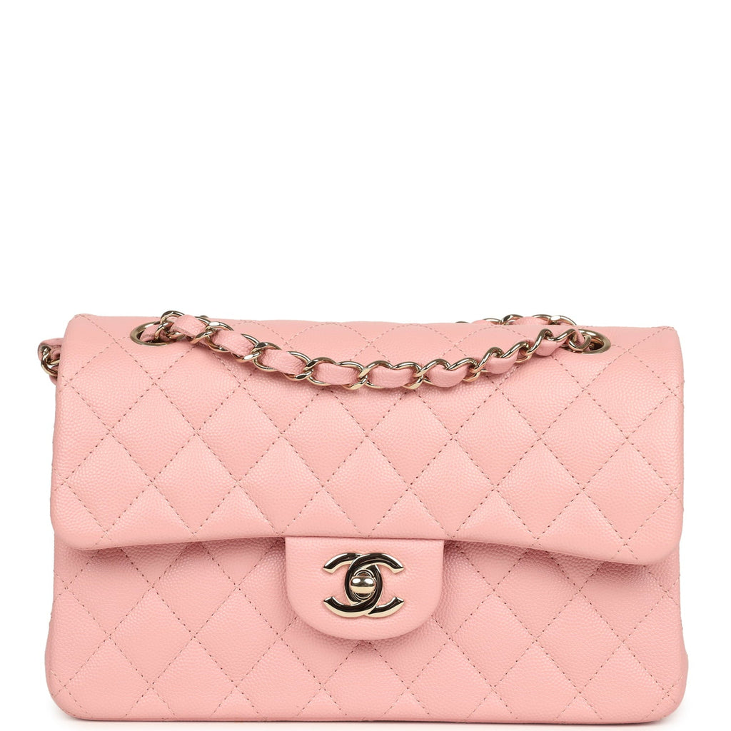pre-owned-chanel-small-classic-double-flap-bag-pink-shiny-caviar-light-gold-metal