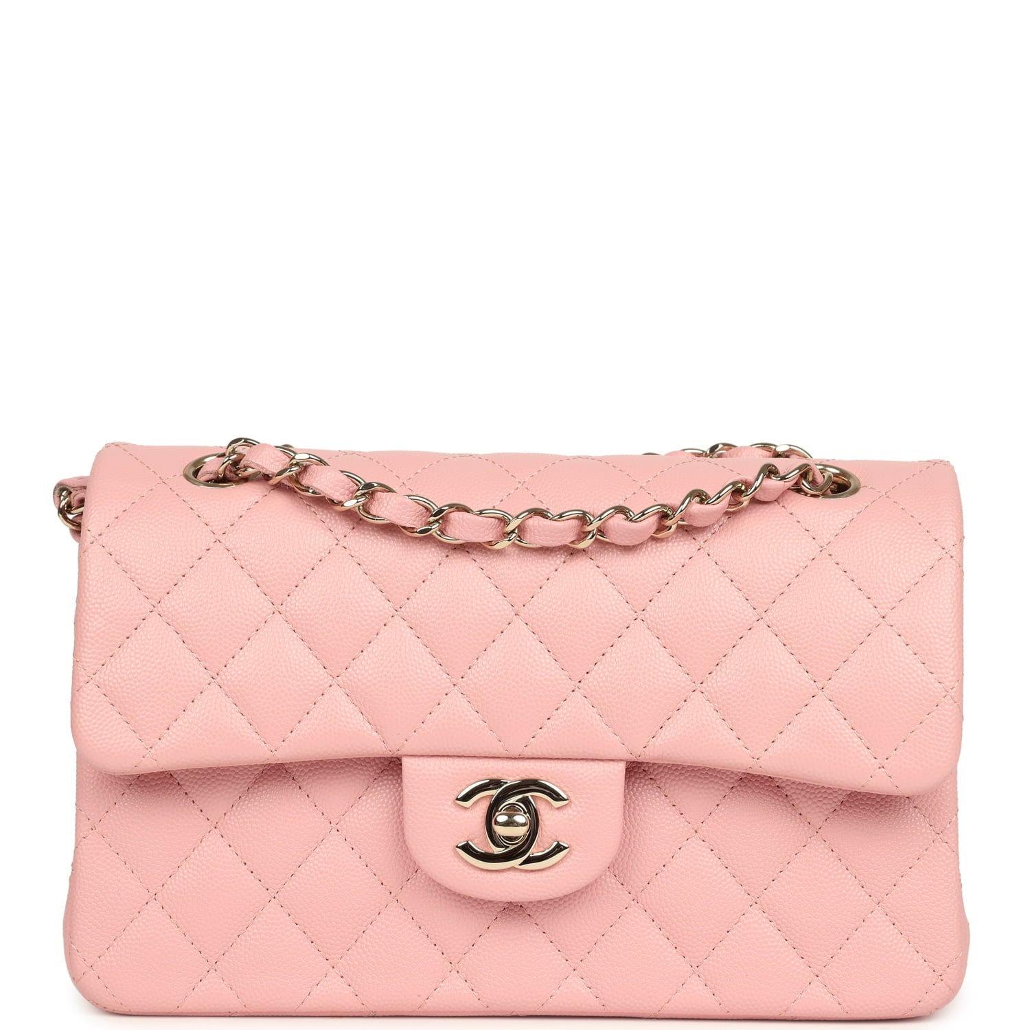 pre-owned-chanel-small-classic-double-flap-bag-pink-shiny-caviar-light-gold-metal