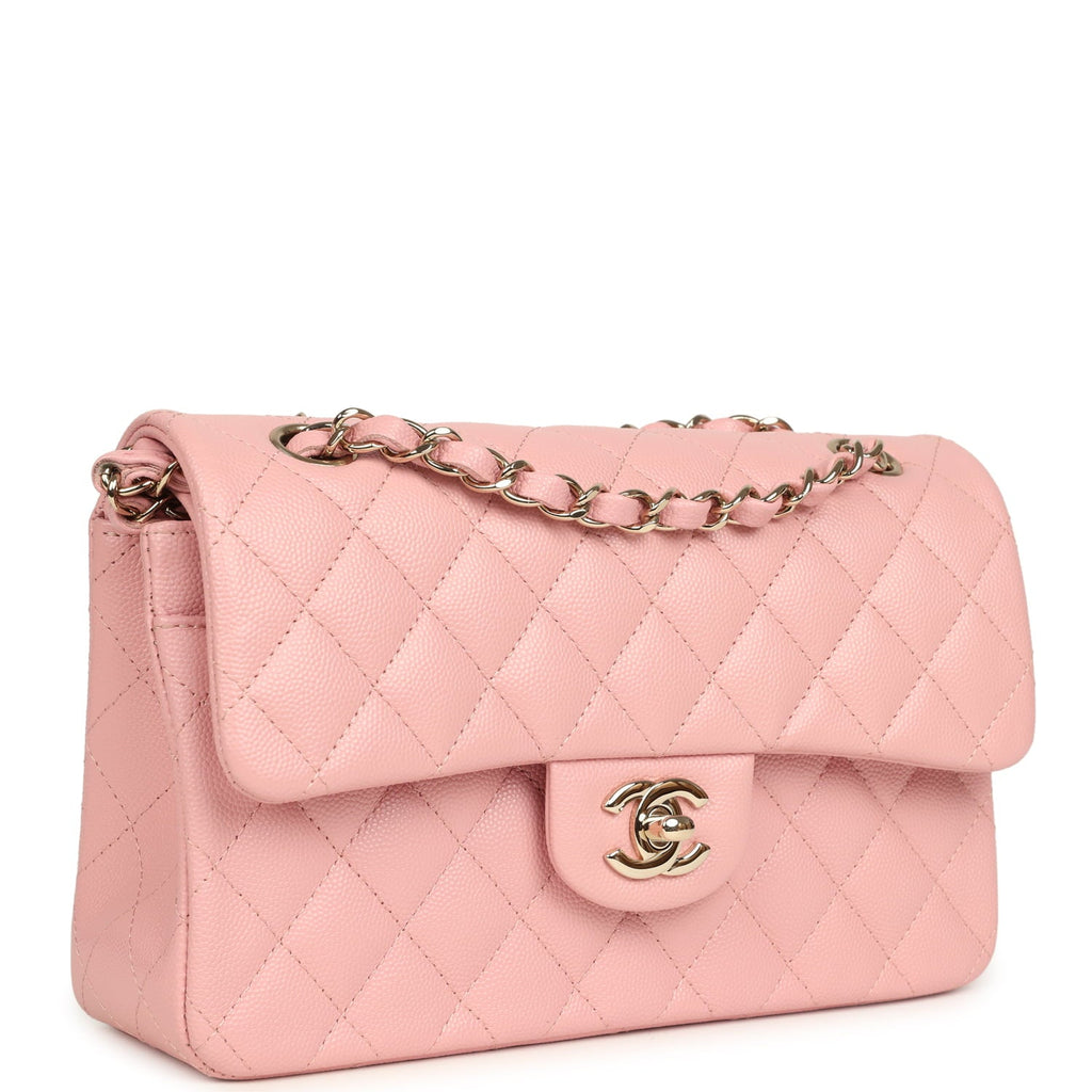 pre-owned-chanel-small-classic-double-flap-bag-pink-shiny-caviar-light-gold-metal