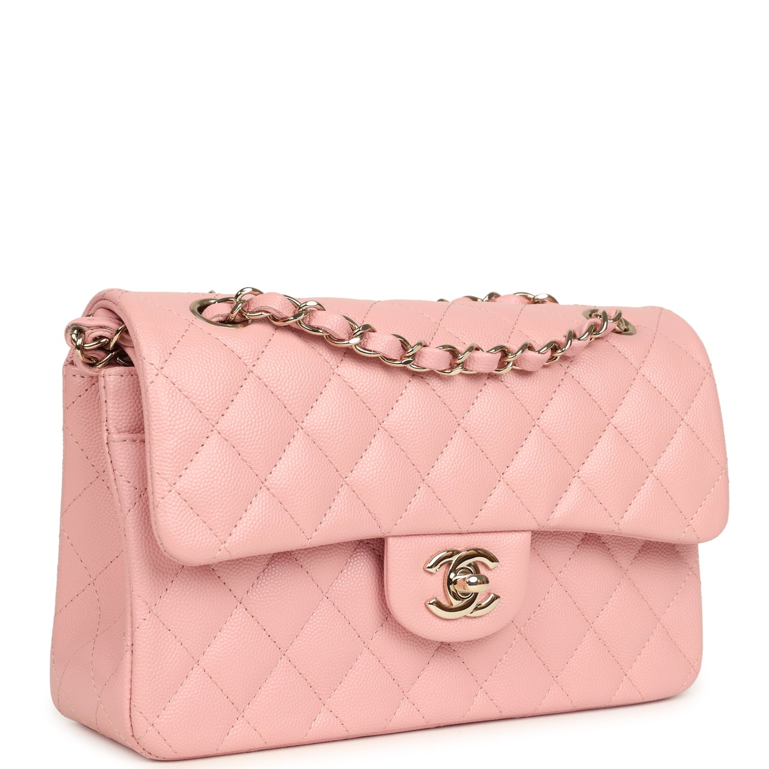 pre-owned-chanel-small-classic-double-flap-bag-pink-shiny-caviar-light-gold-metal