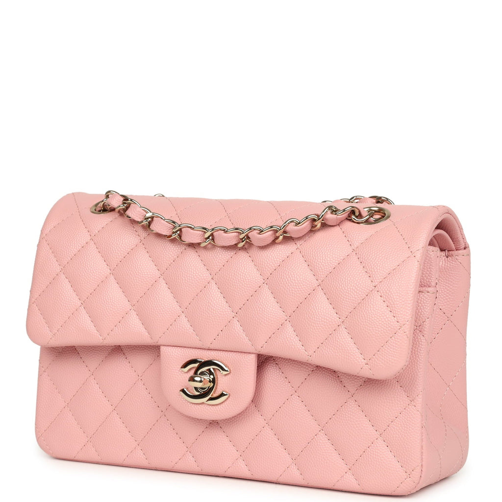pre-owned-chanel-small-classic-double-flap-bag-pink-shiny-caviar-light-gold-metal