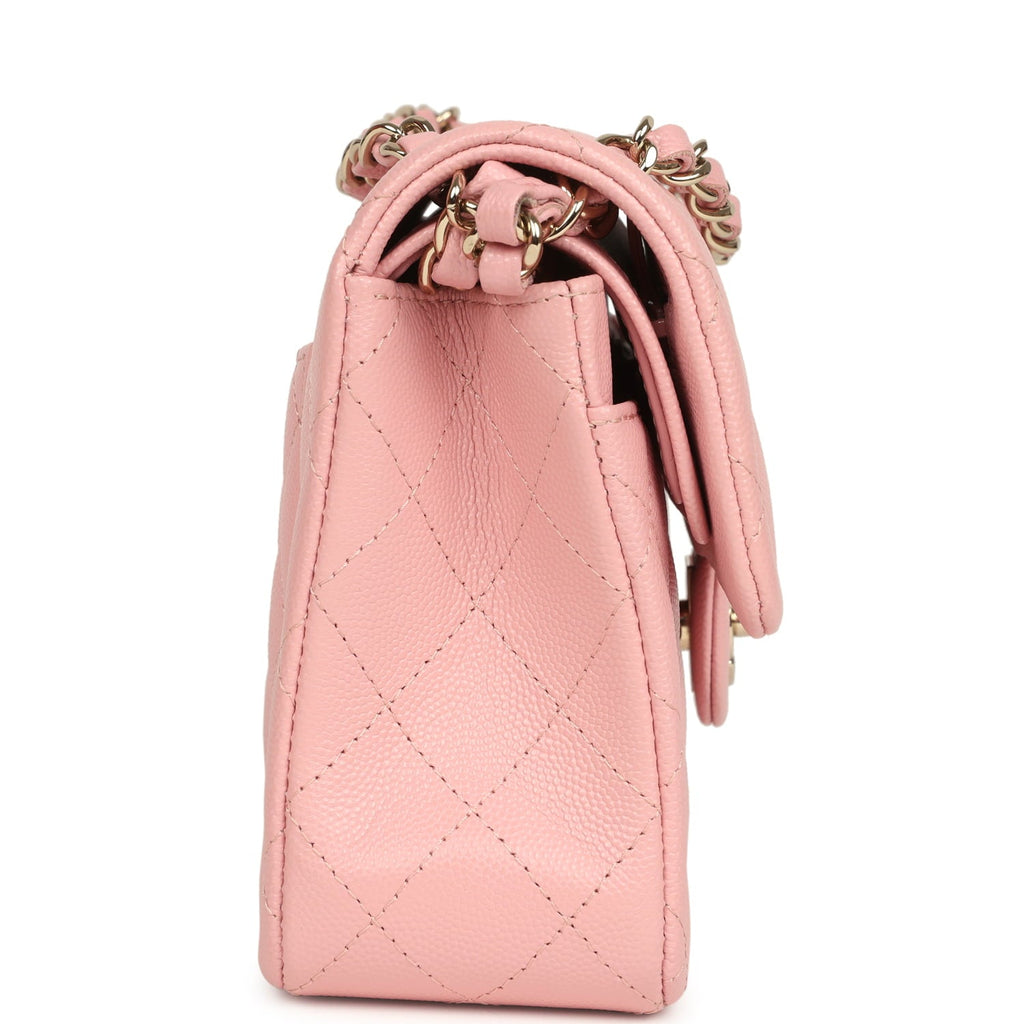 pre-owned-chanel-small-classic-double-flap-bag-pink-shiny-caviar-light-gold-metal